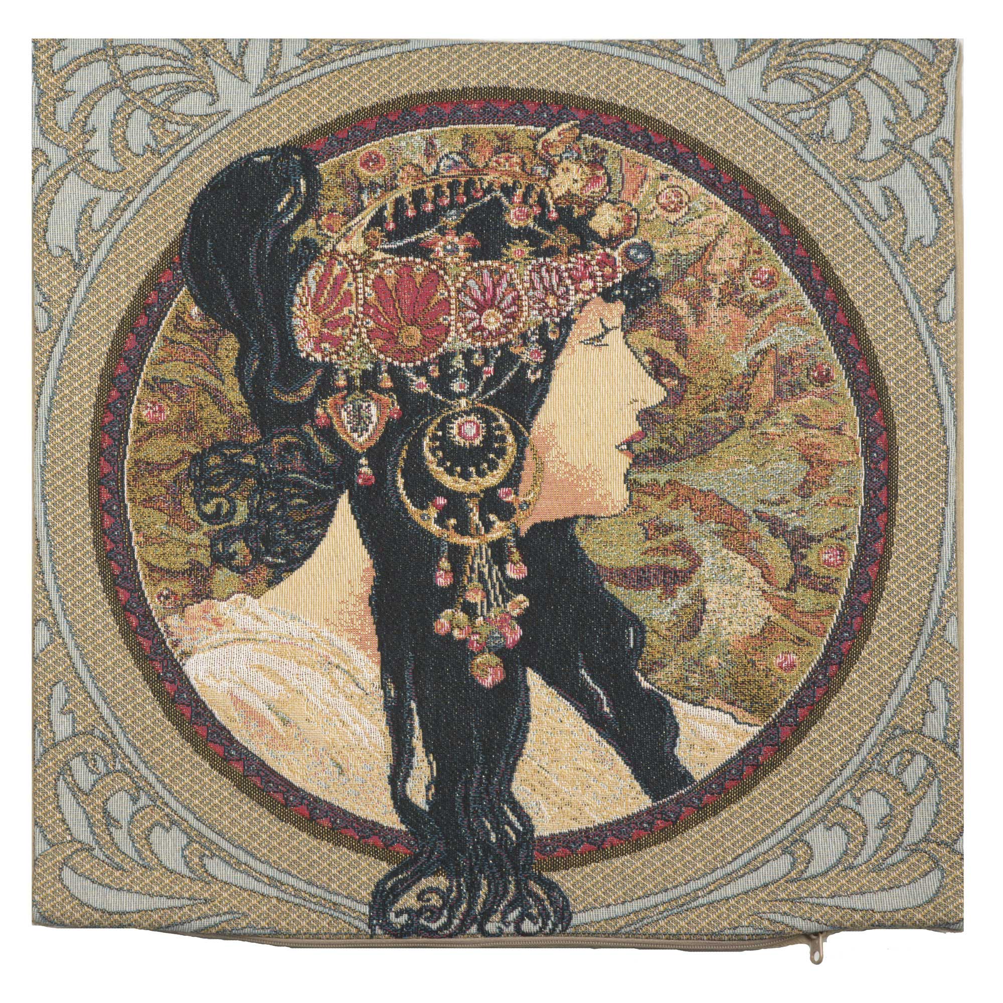 Alphonse Mucha Brunette Tapestry Pillow Cover 18x18 Inch Cotton Jacquard Woven Cushion Cover