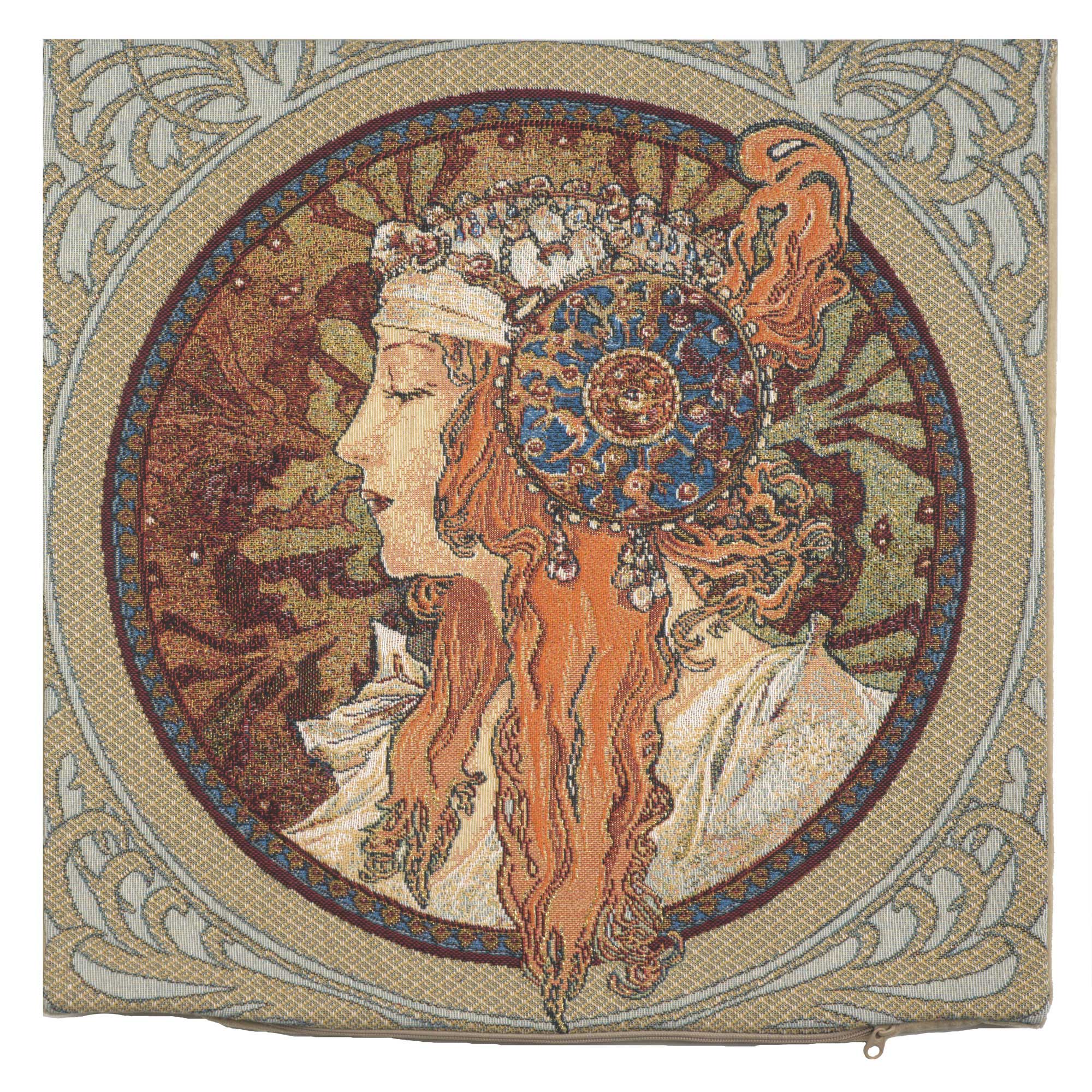 Alphonse Mucha Rousse Tapestry Pillow Cover 18x18 Inch Cotton Jacquard Woven Cushion Cover