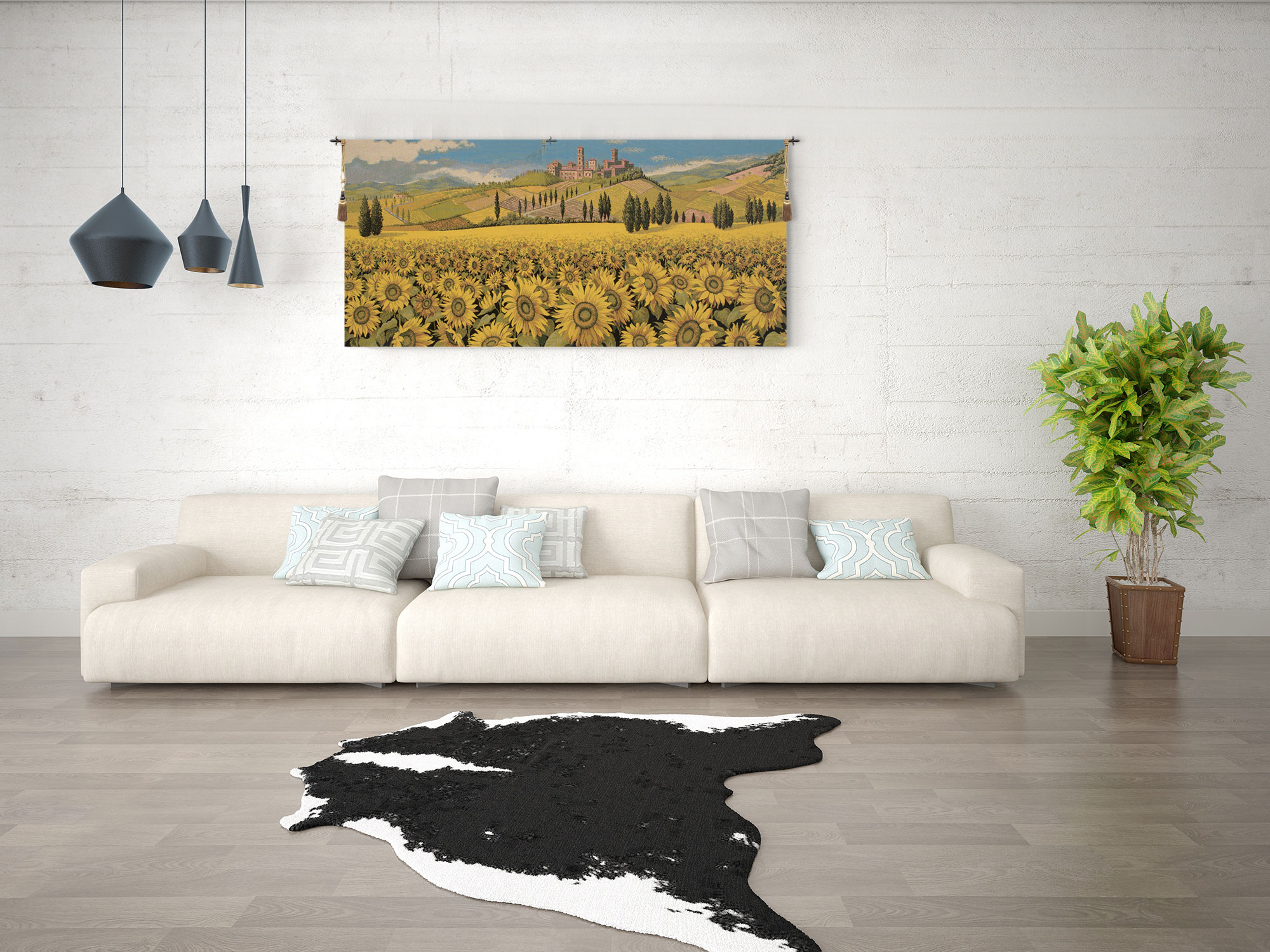 Alberto Passini Tuscan Sunflower Wide Landscape Italian Tapestry Wall Hanging 25x53 Inch Cotton Jacquard Woven Wall Tapestry