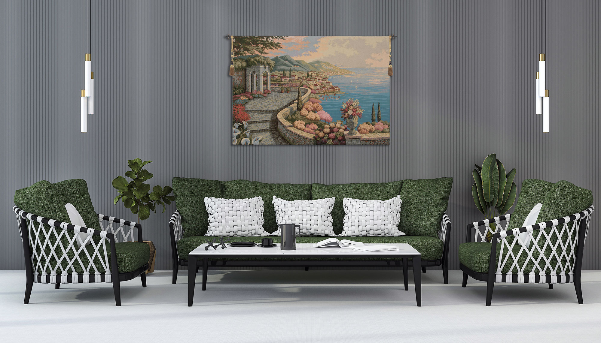 Alberto Passini Promenade by the Lake Italian Tapestry Wall Hanging 26x53 Inch Cotton Jacquard Woven Wall Tapestry