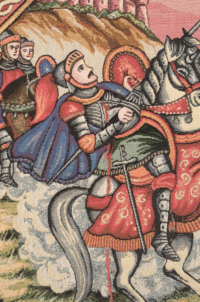 Vintage Ronald's Battle Medieval Tapestry Wall Hanging 25 x 33 in Knight Battle Scene Jacquard Woven Wall Art