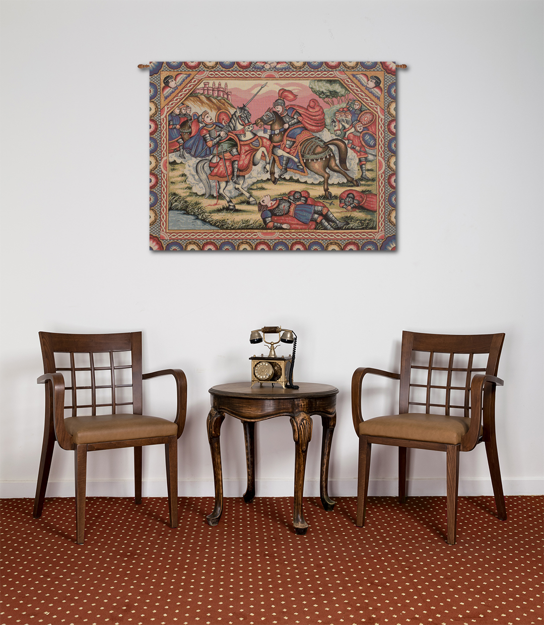 Vintage Ronald's Battle Medieval Tapestry Wall Hanging 25 x 33 in Knight Battle Scene Jacquard Woven Wall Art
