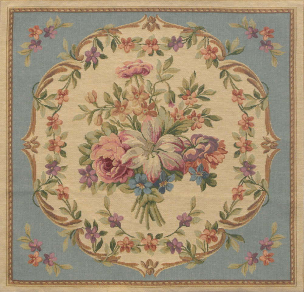 Floral Bouquet Blue Tapestry Pillow Cover 18x18 Inch Cotton Jacquard Woven Cushion Cover
