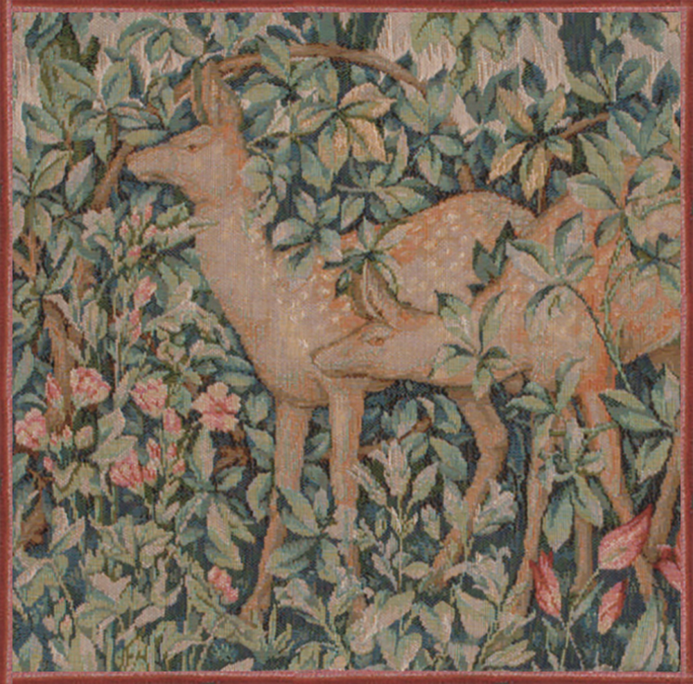 Two Does in a Forest French Tapestry Pillow Cover 14x14 Cotton Jacquard Woven Cushion Cover
