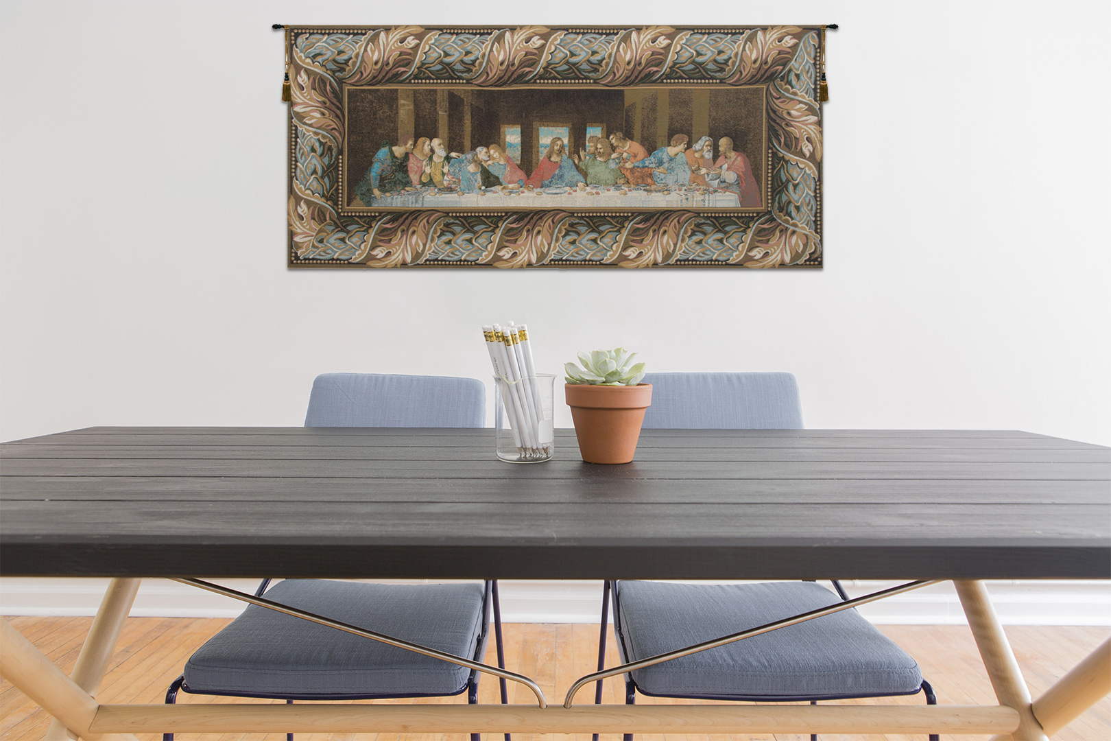 Leonardo da Vinci Last Supper Border Vintage Tapestry Wall Hanging 25 x 56 Christian Renaissance Religious Jacquard Woven Wall Art