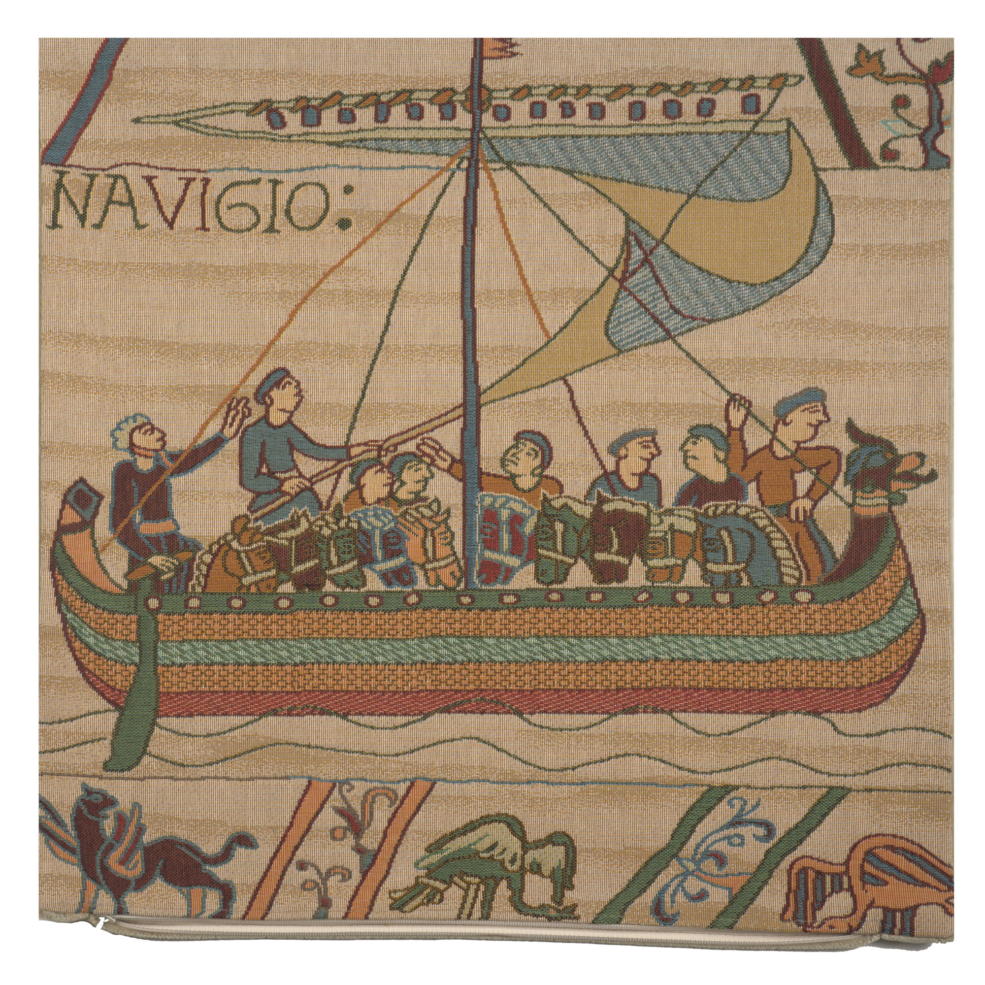 Bayeux The Boat Large Tapestry Pillow Cover 19x19 Inch Cotton Jacquard Woven Cushion Cover