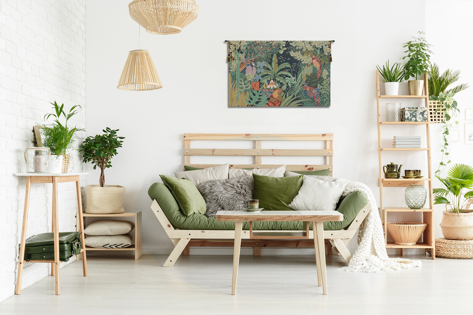 Anne Leurent Jungle and Four Birds Tapestry Wall Hanging 20 x 30 in Tropical Bird Botanical Jacquard Woven Wall Art