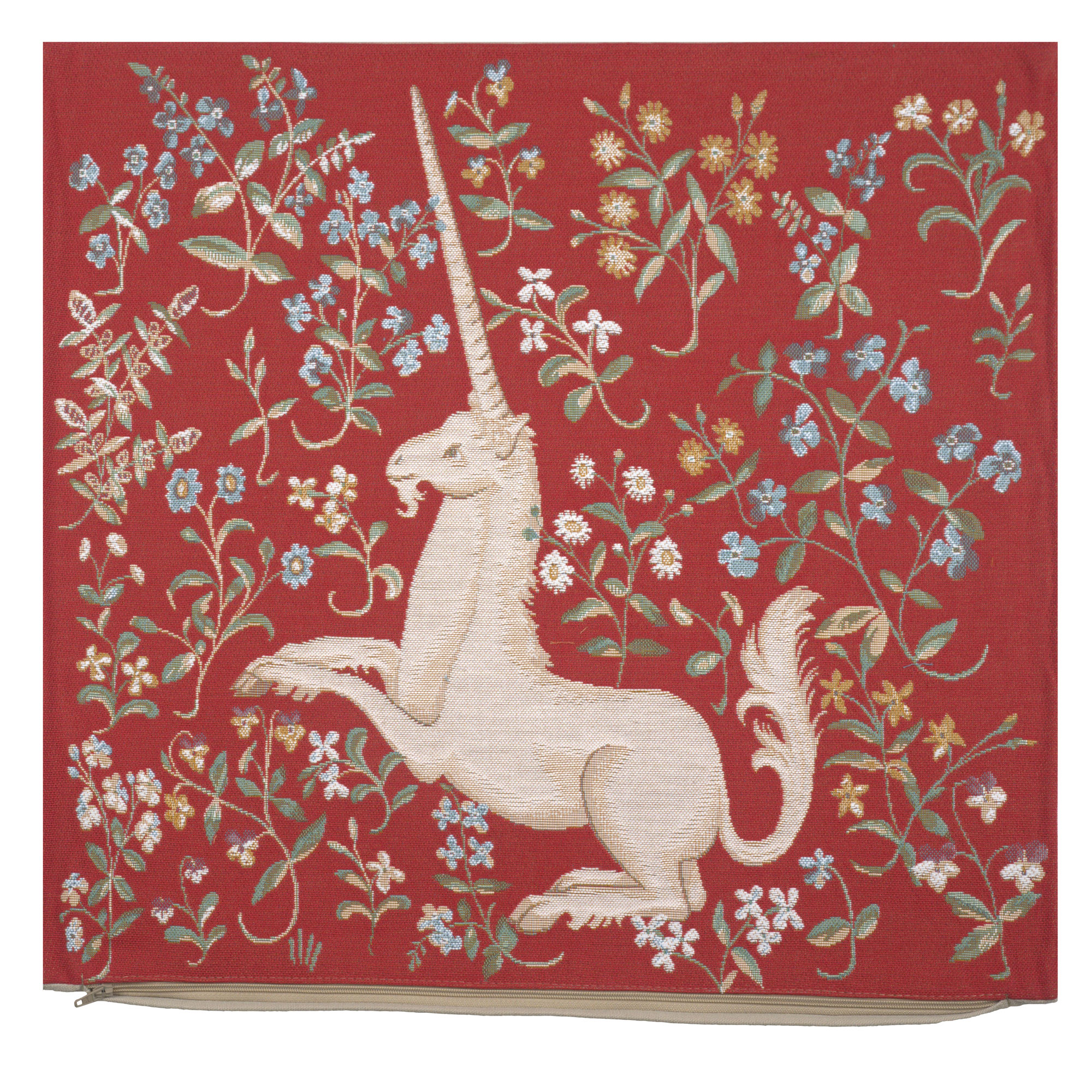 Medieval Licorne Fleuri Red Tapestry Pillow Cover 19x19 Inch Cotton Jacquard Woven Cushion Cover