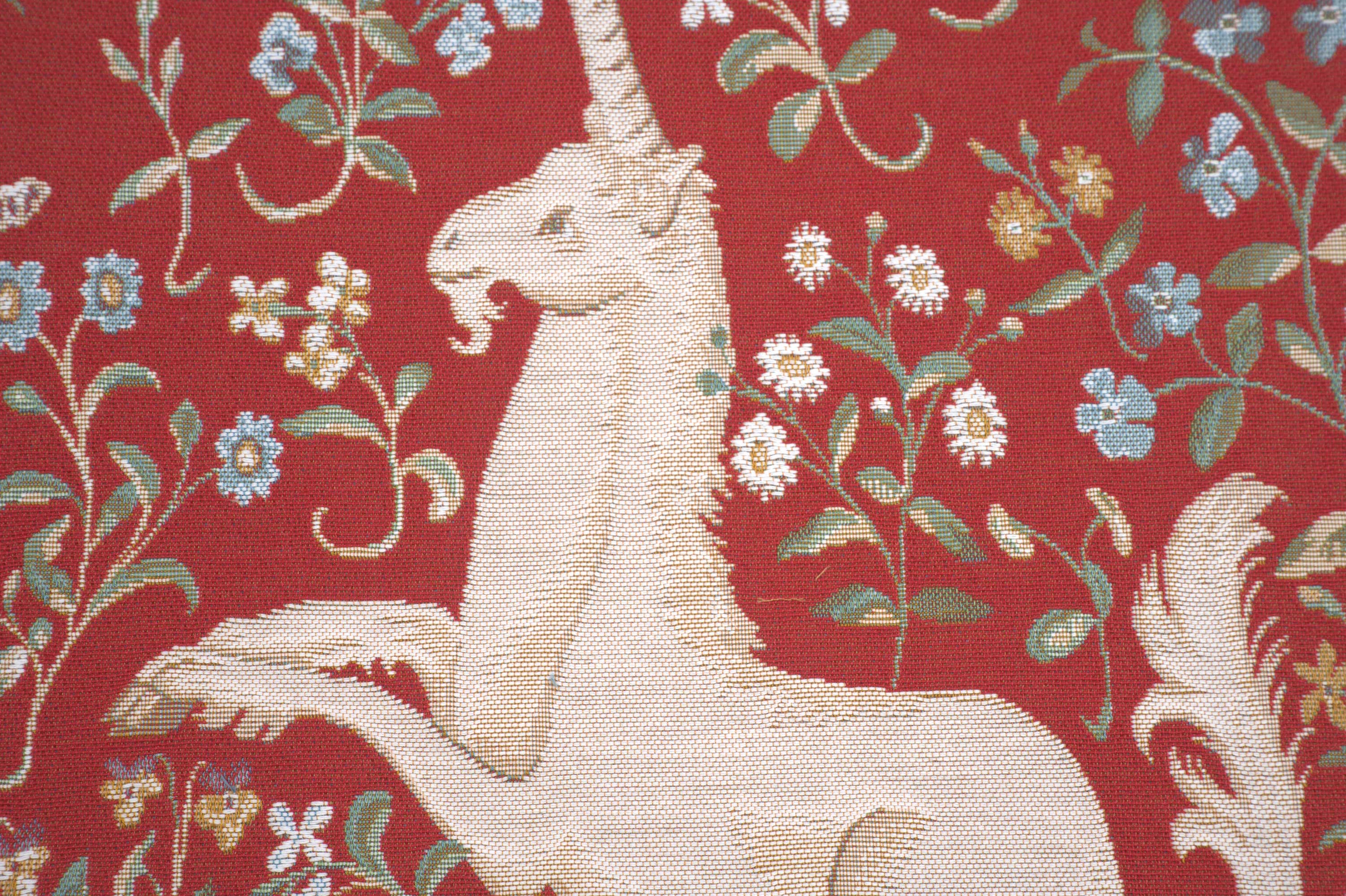Medieval Licorne Fleuri Red Tapestry Pillow Cover 19x19 Inch Cotton Jacquard Woven Cushion Cover