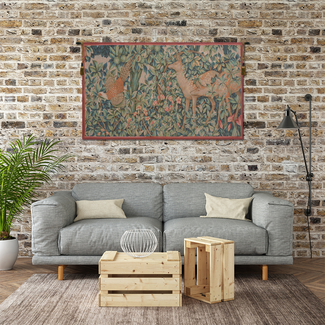 William Morris Pheasant and Doe Tapestry Wall Hanging 18 x 32 in Arts and Crafts Woodland Jacquard Woven Wall Art
