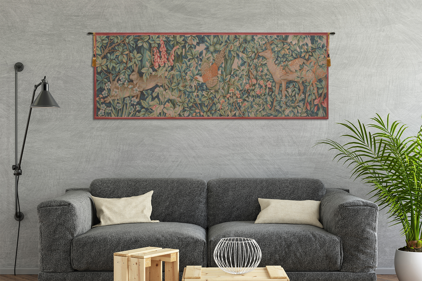 William Morris Pheasant and Doe Tapestry Wall Hanging 19 x 51 in Arts and Crafts Woodland Jacquard Woven Wall Art
