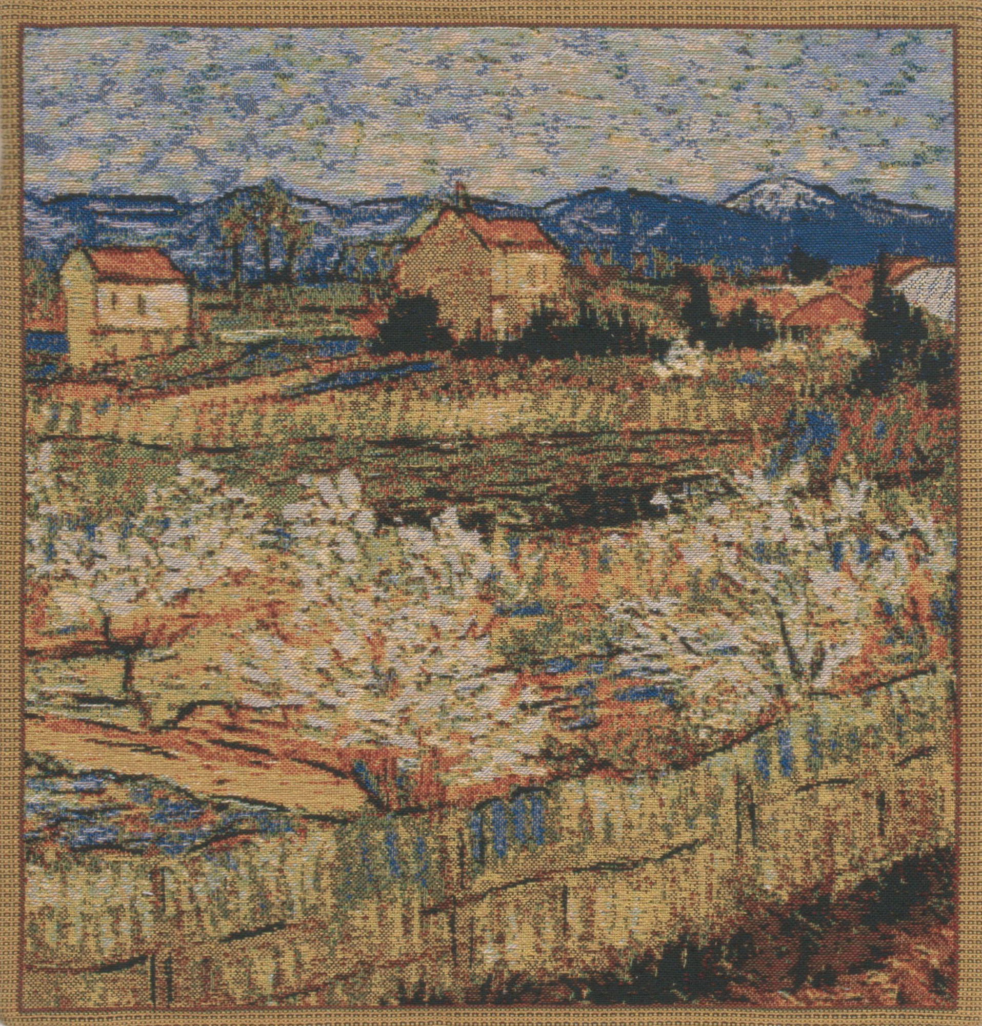 Vincent Van Gogh Le Crau with Peach Trees Tapestry Pillow Cover 16 x 16 Inch