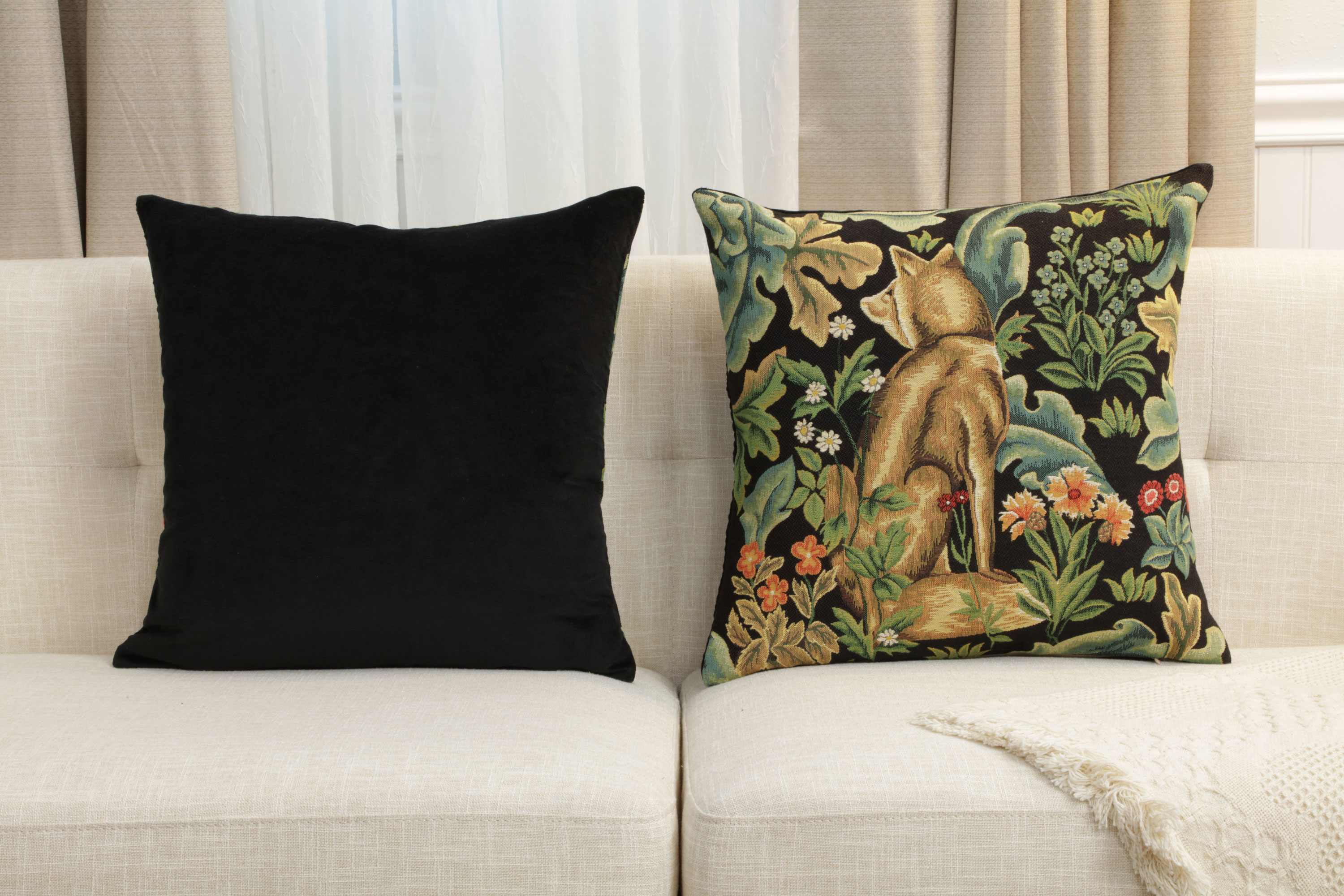 Black Wolf Belgian Tapestry Pillow Cover 18x18 inch 100% Cotton Belgian Jacquard Woven Cushion Cover