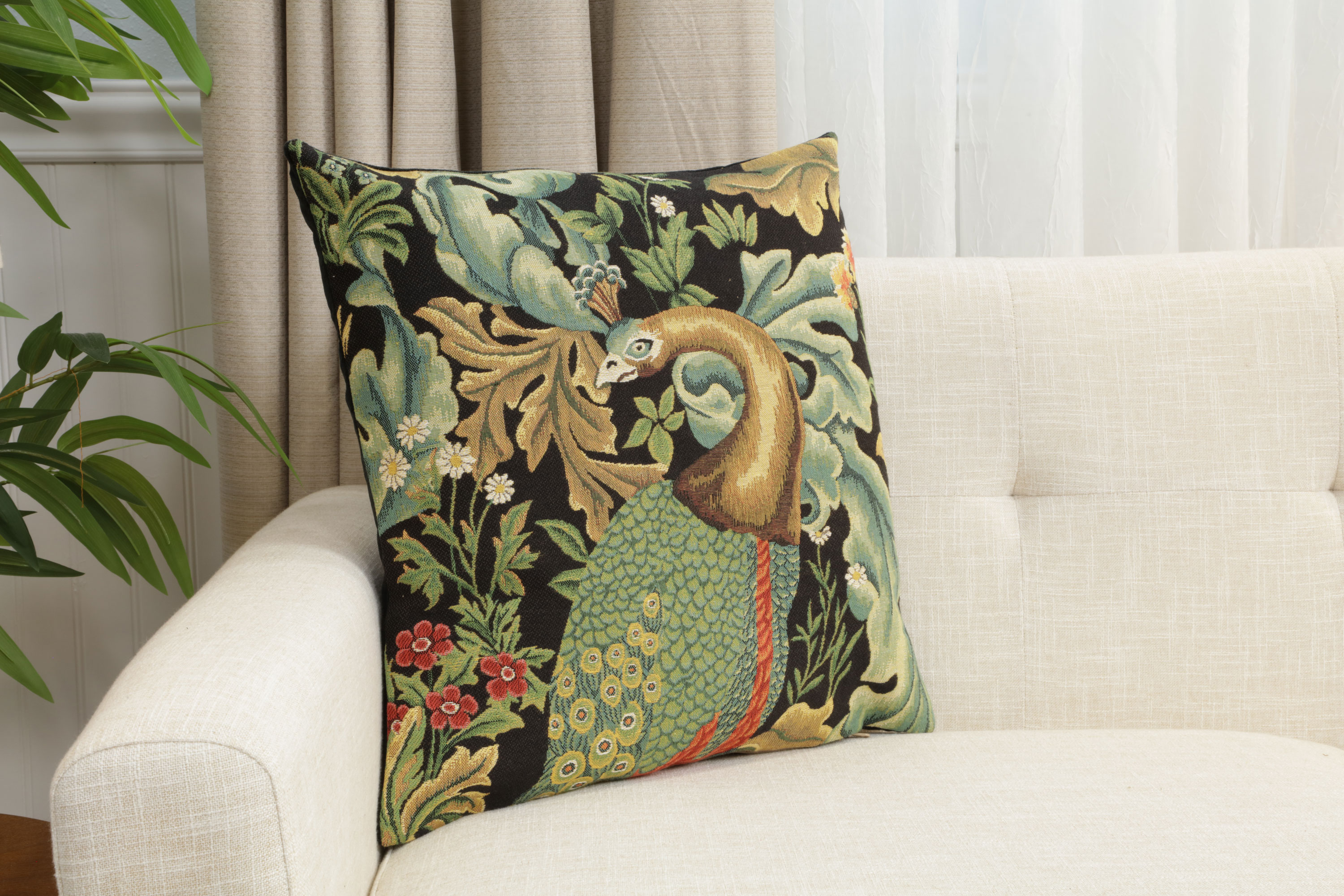 Black Peacock Belgian Tapestry Pillow Cover 18x18 inch 100% Cotton Belgian Jacquard Woven Cushion Cover