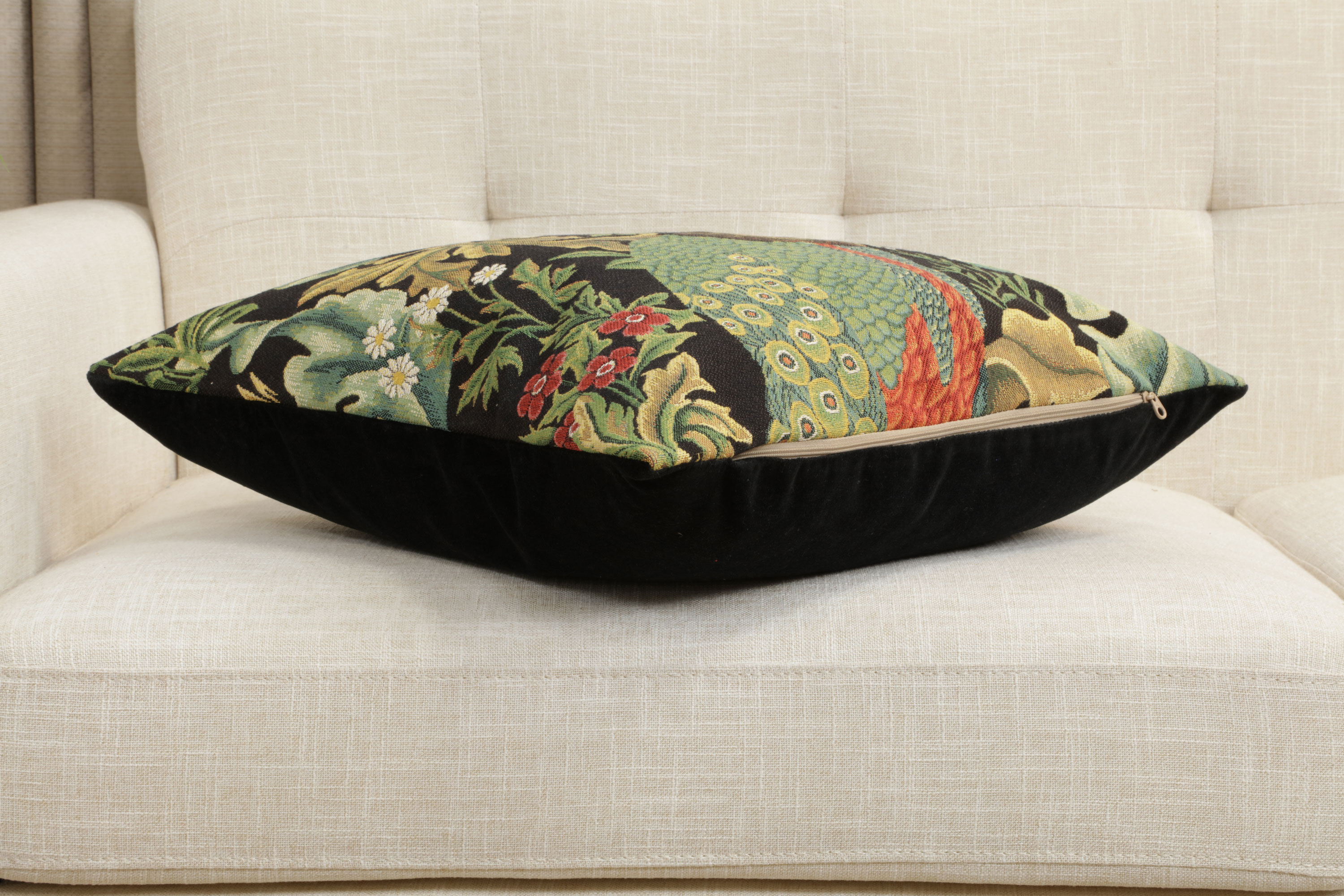 Black Peacock Belgian Tapestry Pillow Cover 18x18 inch 100% Cotton Belgian Jacquard Woven Cushion Cover