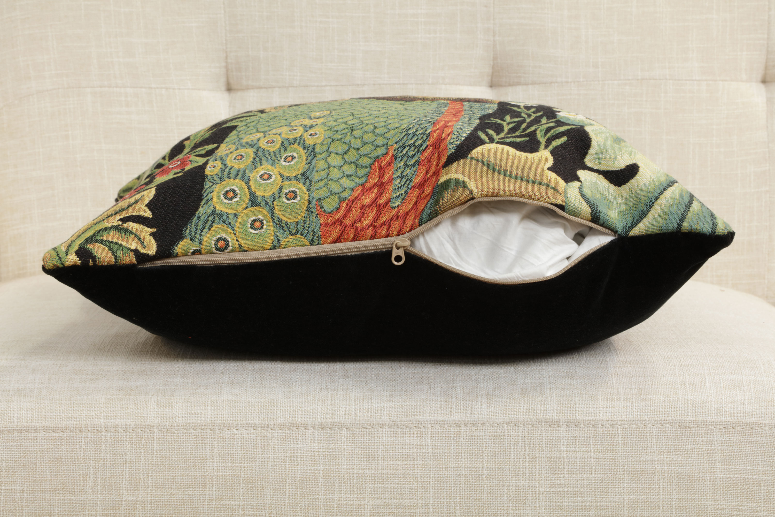 Black Peacock Belgian Tapestry Pillow Cover 18x18 inch 100% Cotton Belgian Jacquard Woven Cushion Cover