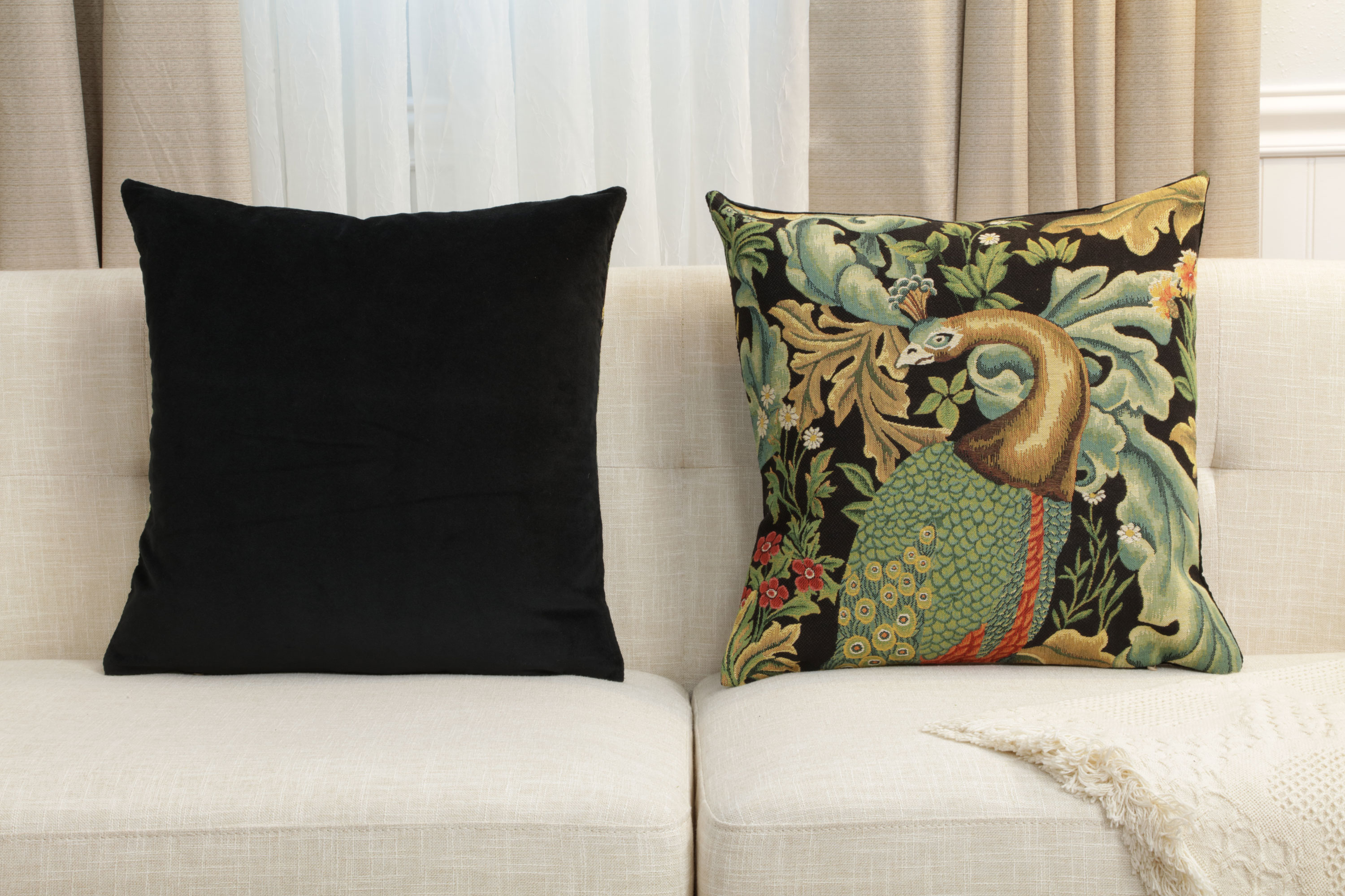 Black Peacock Belgian Tapestry Pillow Cover 18x18 inch 100% Cotton Belgian Jacquard Woven Cushion Cover