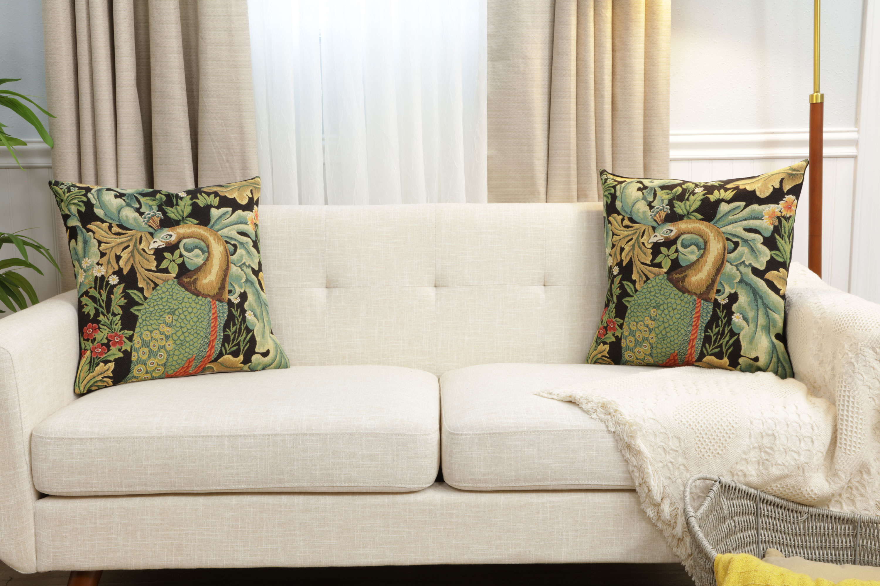 Black Peacock Belgian Tapestry Pillow Cover 18x18 inch 100% Cotton Belgian Jacquard Woven Cushion Cover