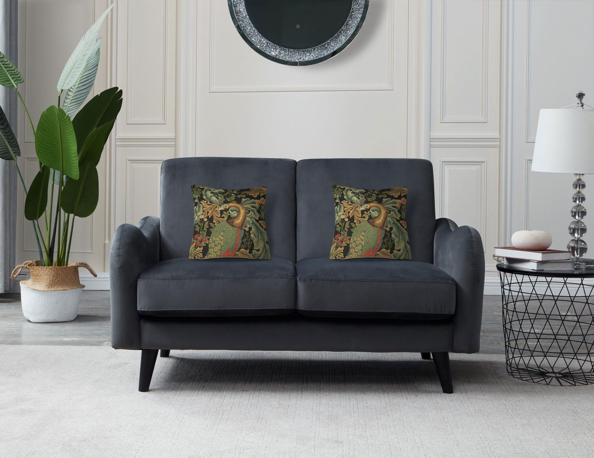 Black Peacock Belgian Tapestry Pillow Cover 18x18 inch 100% Cotton Belgian Jacquard Woven Cushion Cover