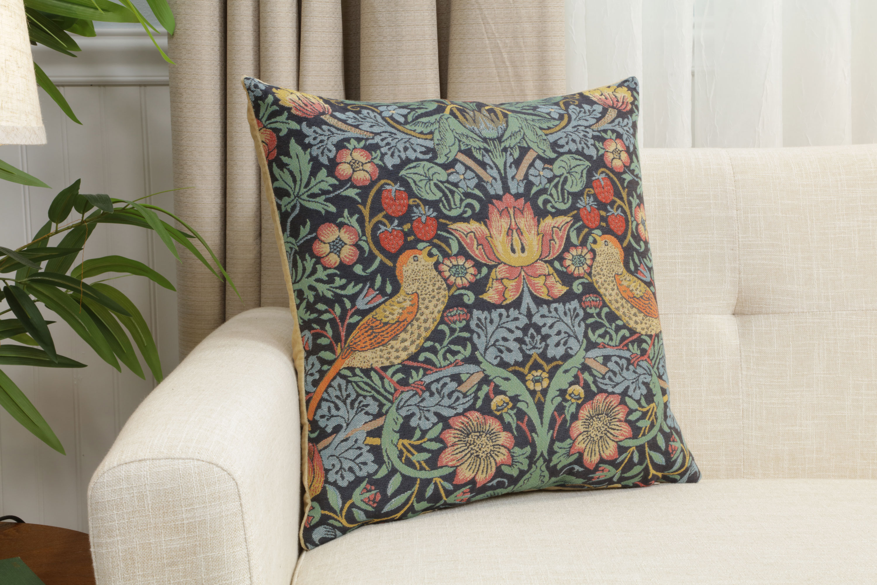 Blue Strawberry Thief Belgian Tapestry Pillow Cover 18x18 inch 100% Cotton Belgian Jacquard Woven Cushion Cover