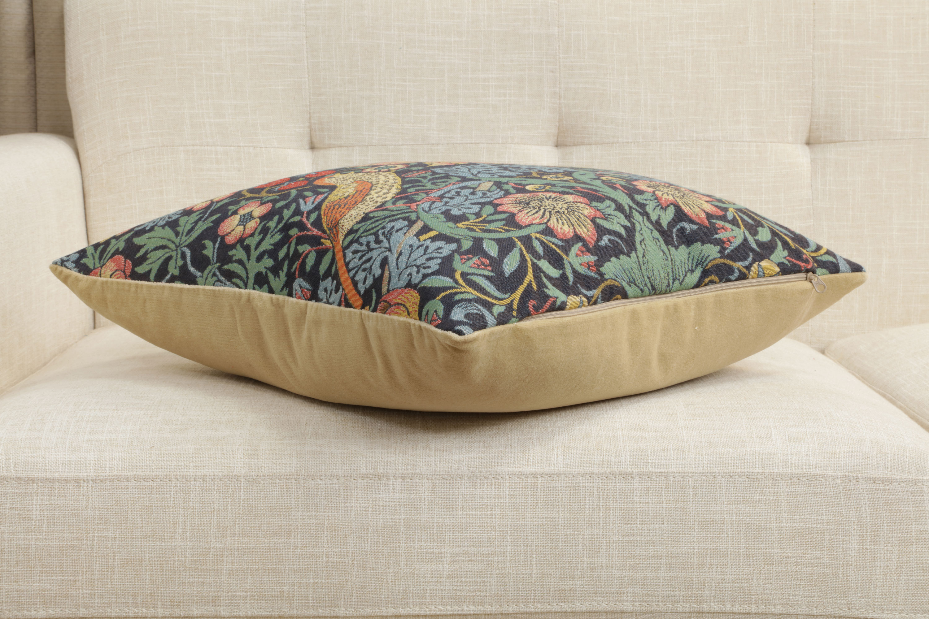 Blue Strawberry Thief Belgian Tapestry Pillow Cover 18x18 inch 100% Cotton Belgian Jacquard Woven Cushion Cover