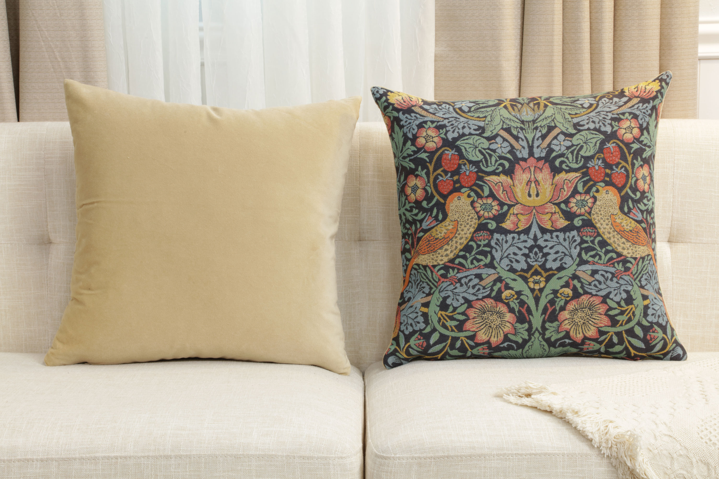 Blue Strawberry Thief Belgian Tapestry Pillow Cover 18x18 inch 100% Cotton Belgian Jacquard Woven Cushion Cover