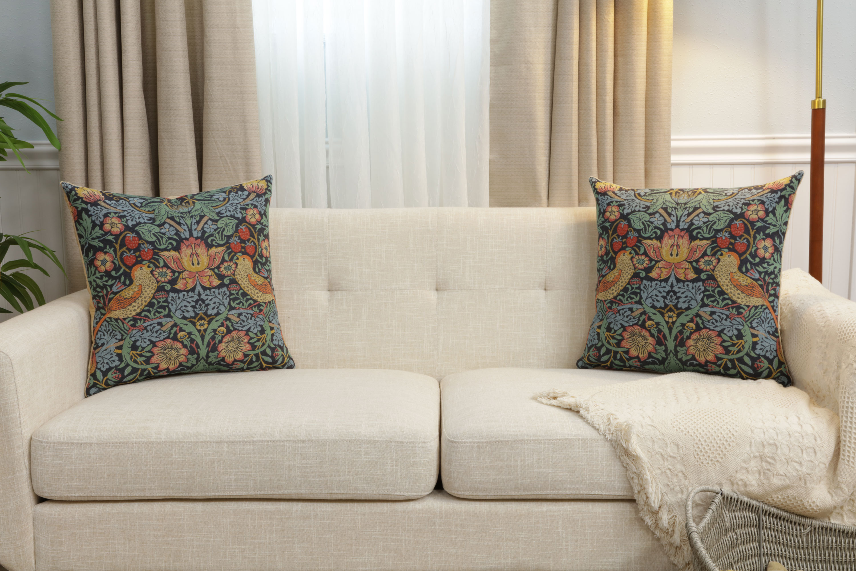 Blue Strawberry Thief Belgian Tapestry Pillow Cover 18x18 inch 100% Cotton Belgian Jacquard Woven Cushion Cover