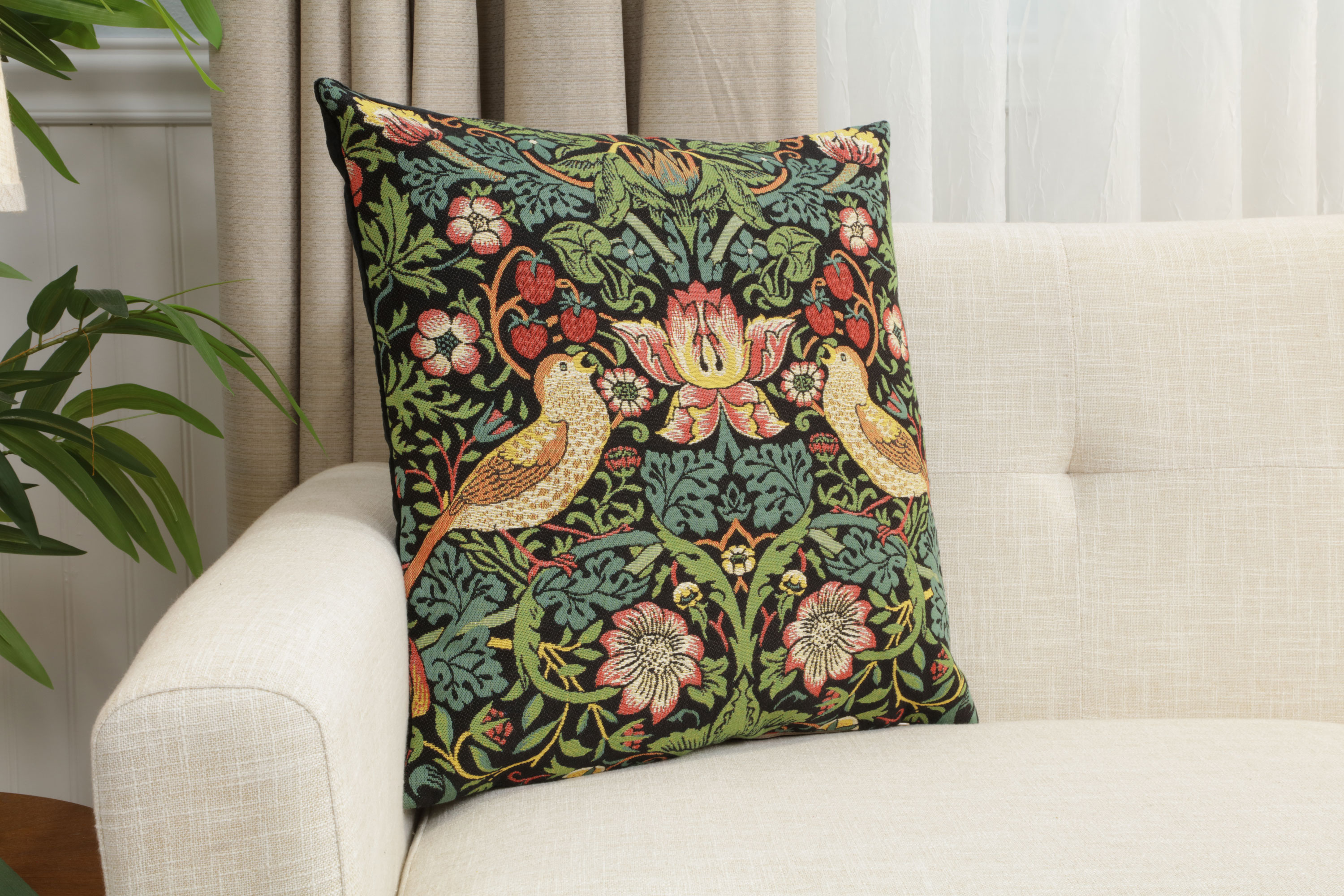 Black Strawberry Thief Belgian Tapestry Pillow Cover 18x18 inch 100% Cotton Belgian Jacquard Woven Cushion Cover