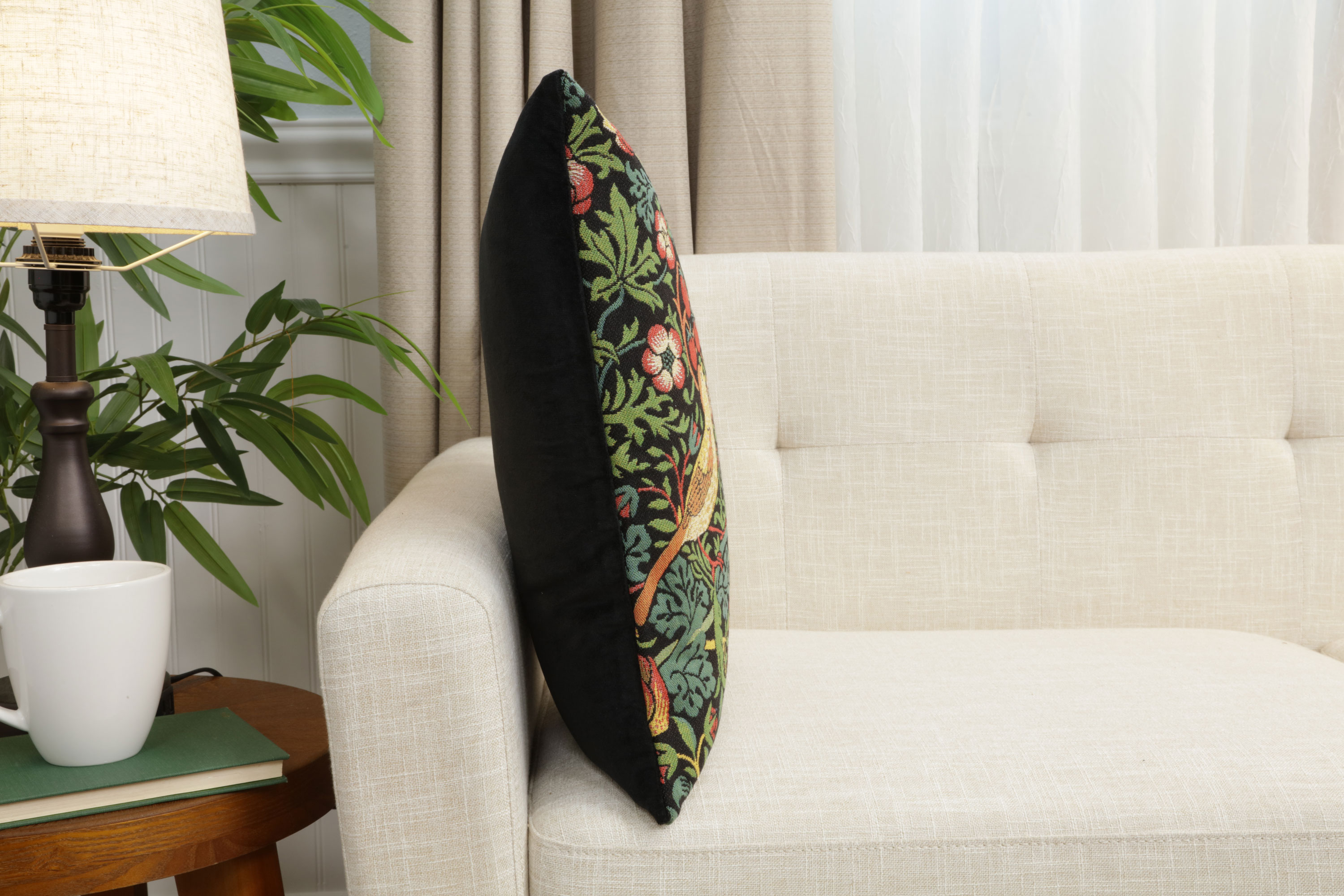 Black Strawberry Thief Belgian Tapestry Pillow Cover 18x18 inch 100% Cotton Belgian Jacquard Woven Cushion Cover