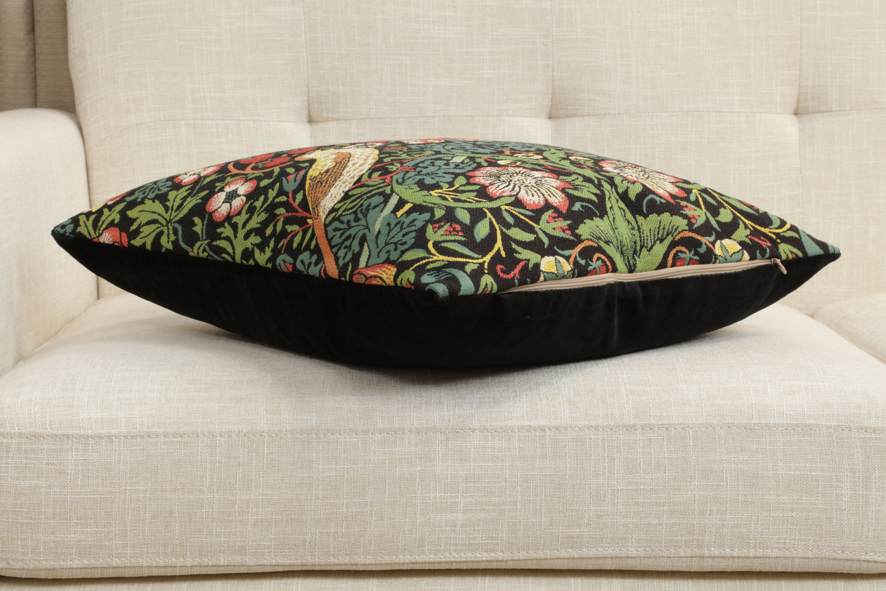 Black Strawberry Thief Belgian Tapestry Pillow Cover 18x18 inch 100% Cotton Belgian Jacquard Woven Cushion Cover