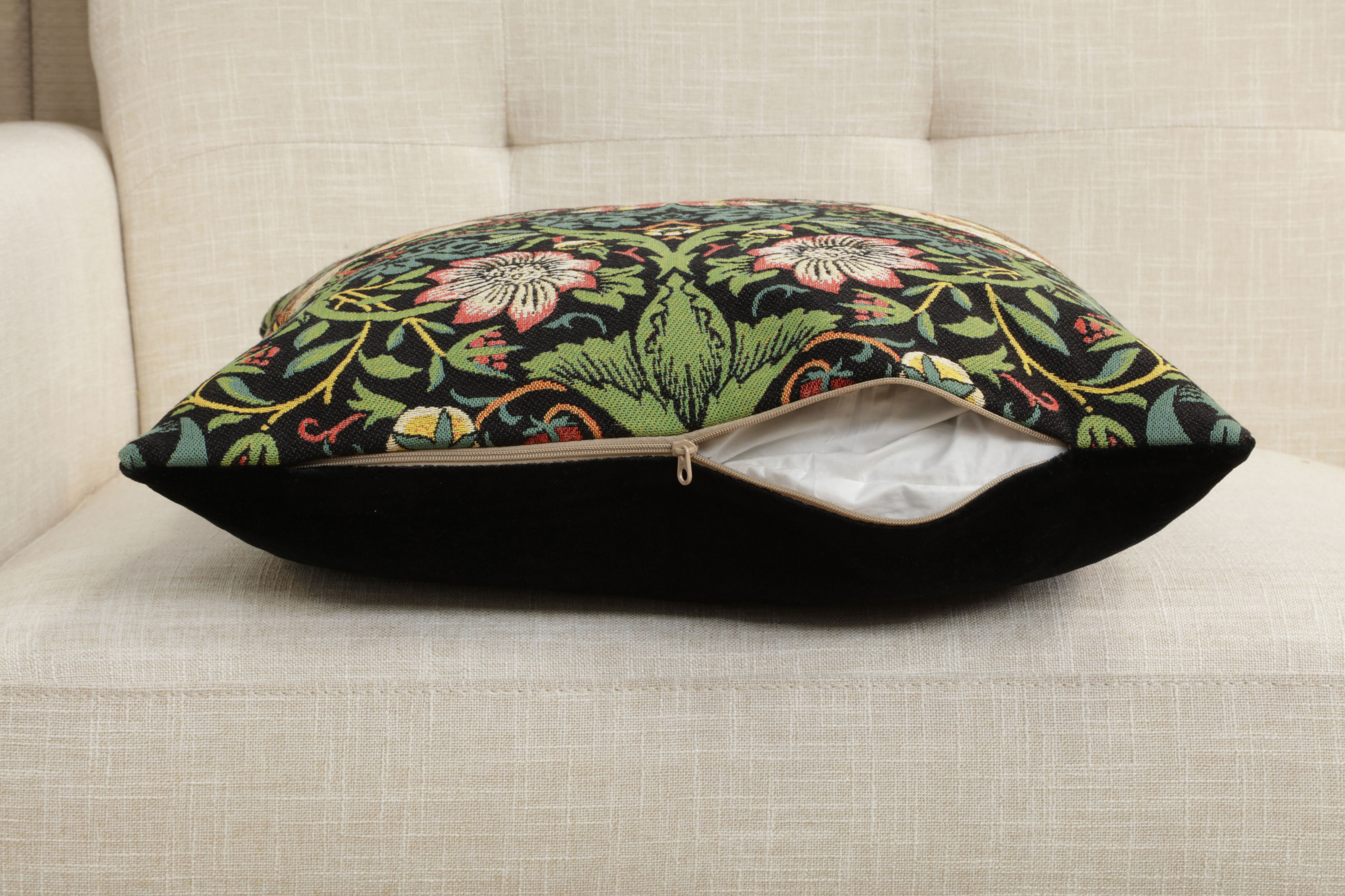 Black Strawberry Thief Belgian Tapestry Pillow Cover 18x18 inch 100% Cotton Belgian Jacquard Woven Cushion Cover