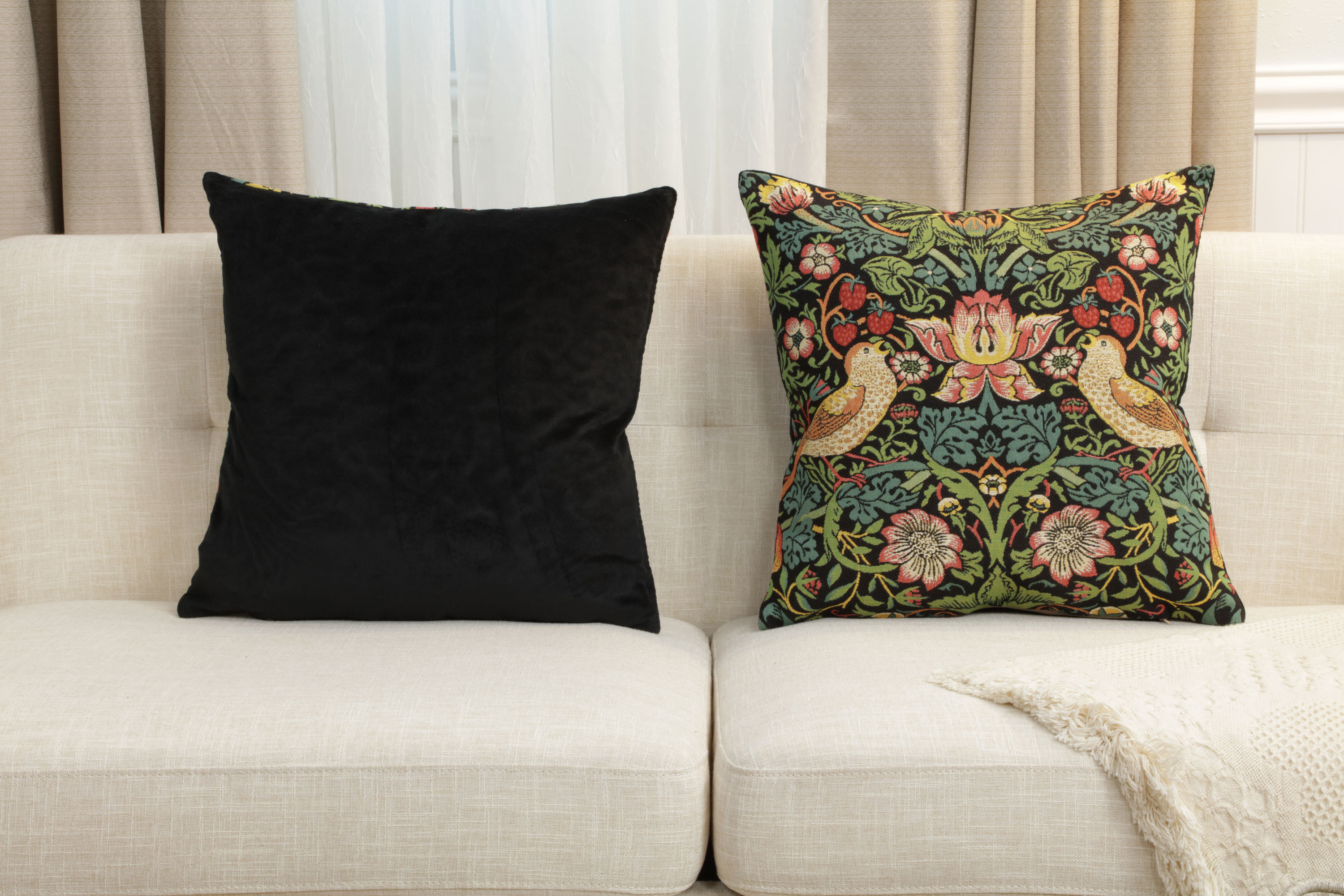 Black Strawberry Thief Belgian Tapestry Pillow Cover 18x18 inch 100% Cotton Belgian Jacquard Woven Cushion Cover