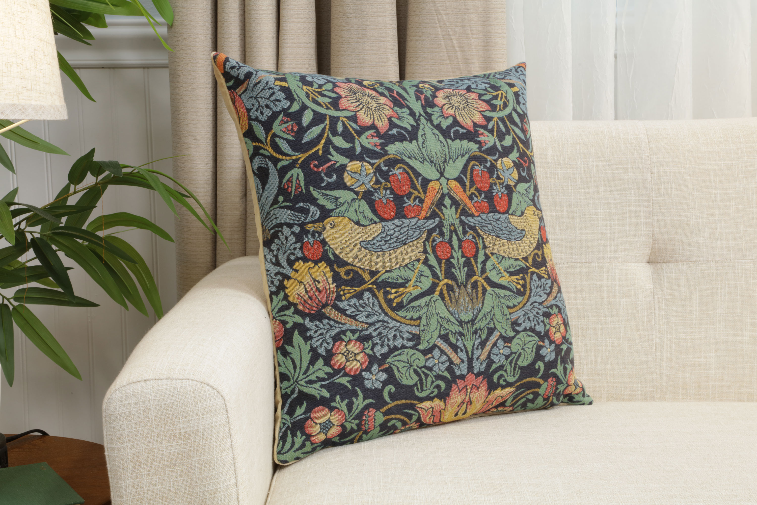 Blue Strawberry Belgian Tapestry Pillow Cover 18x18 inch 100% Cotton Belgian Jacquard Woven Cushion Cover