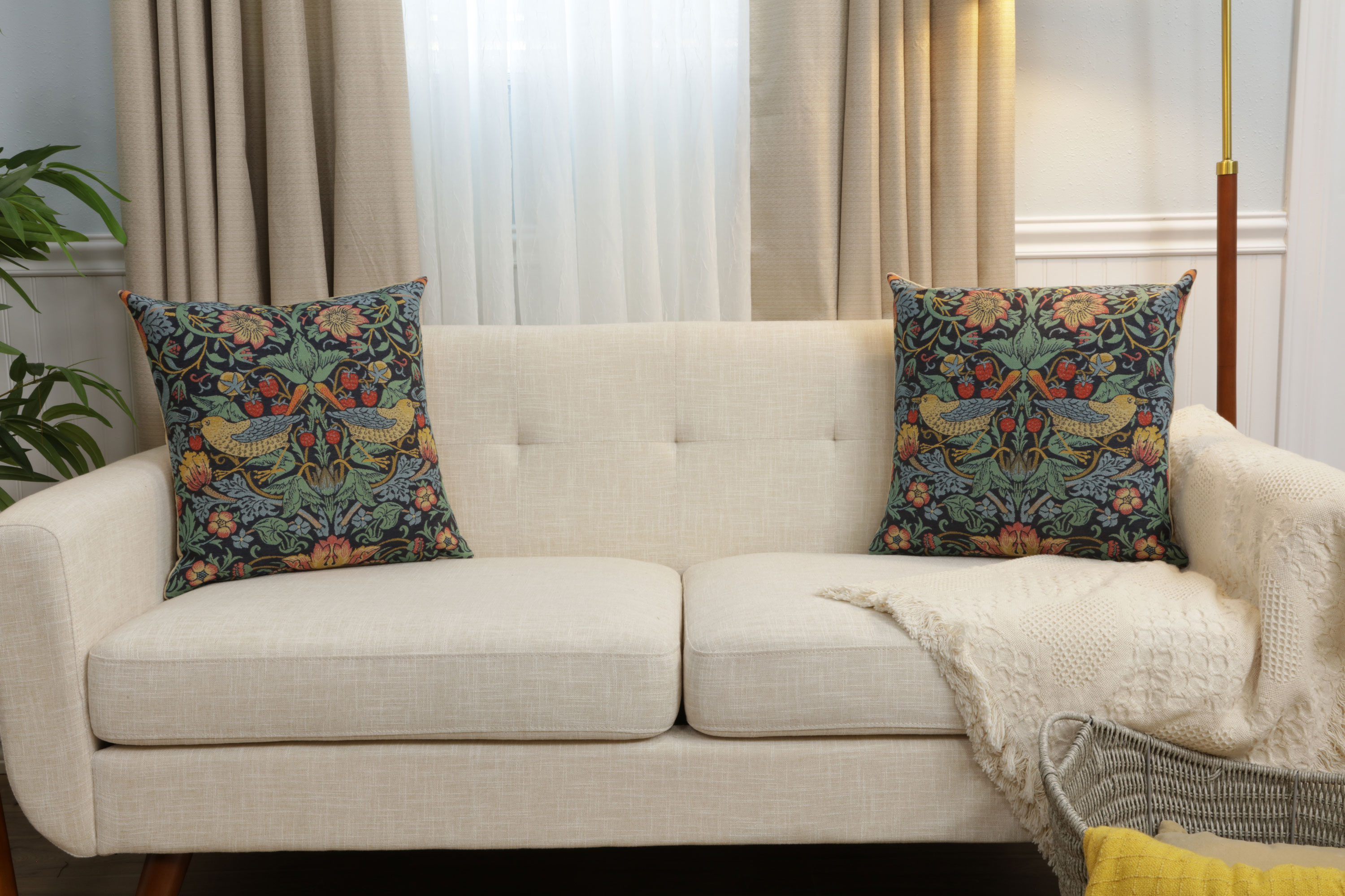 Blue Strawberry Belgian Tapestry Pillow Cover 18x18 inch 100% Cotton Belgian Jacquard Woven Cushion Cover