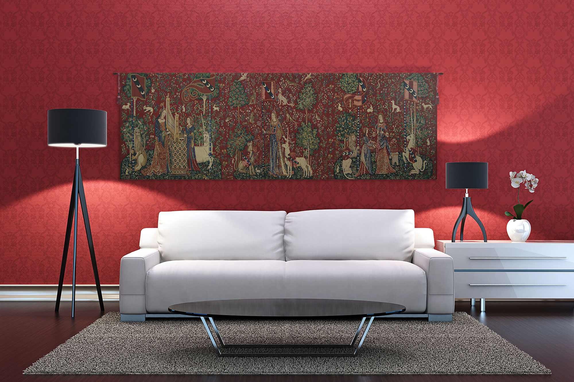 Medieval Lady & Unicorn Serial Panoramic Tapestry Wall Hanging 30 x 100 in