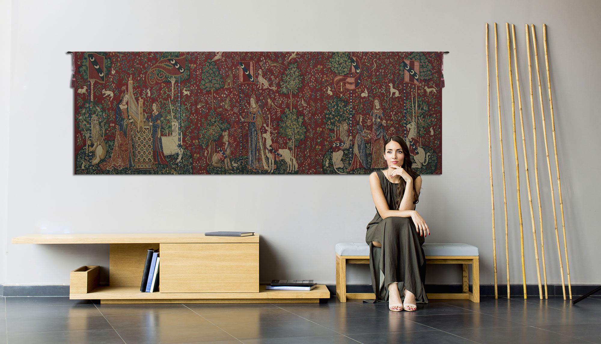 Medieval Lady & Unicorn Serial Panoramic Tapestry Wall Hanging 30 x 100 in