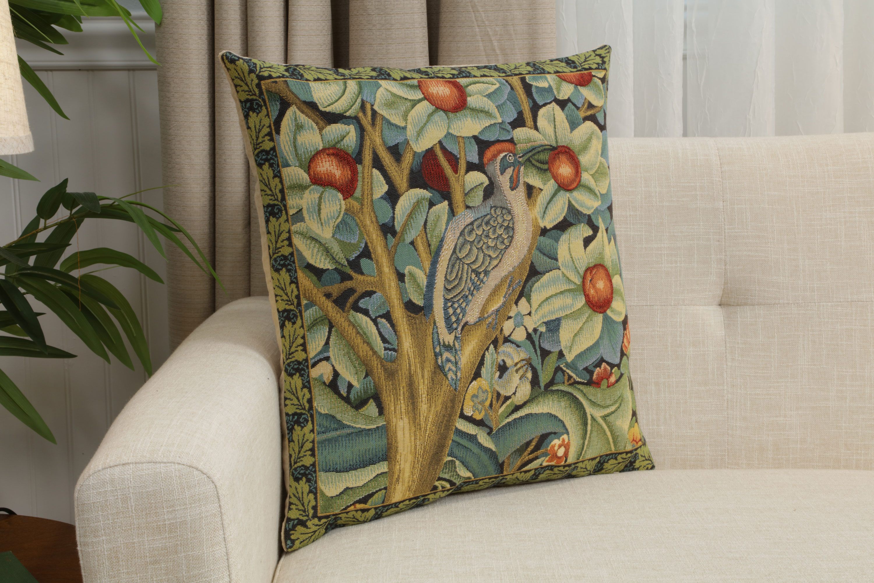 Black Woodpecker Right Belgian Tapestry Pillow Cover 18x18 inch 100% Cotton Belgian Jacquard Woven Cushion Cover