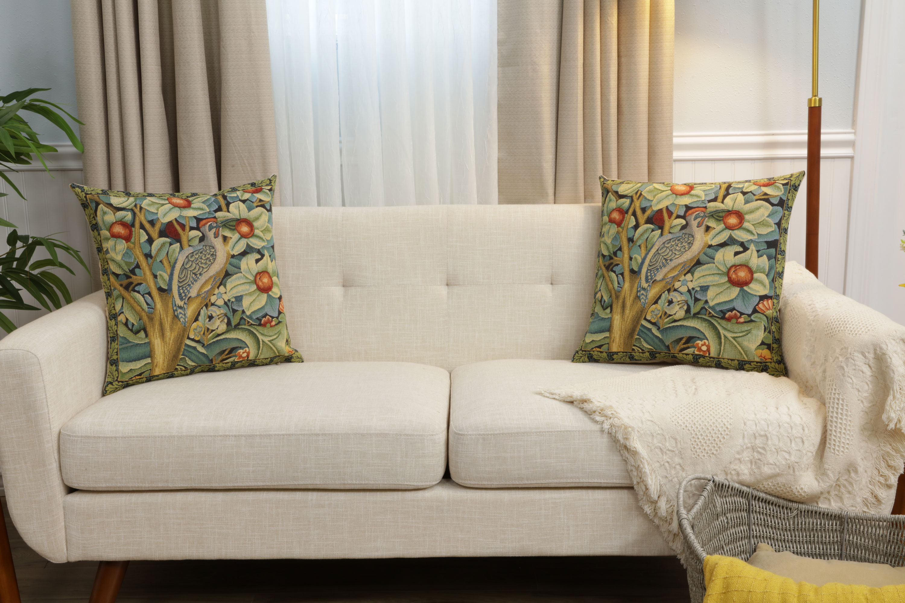 Black Woodpecker Right Belgian Tapestry Pillow Cover 18x18 inch 100% Cotton Belgian Jacquard Woven Cushion Cover