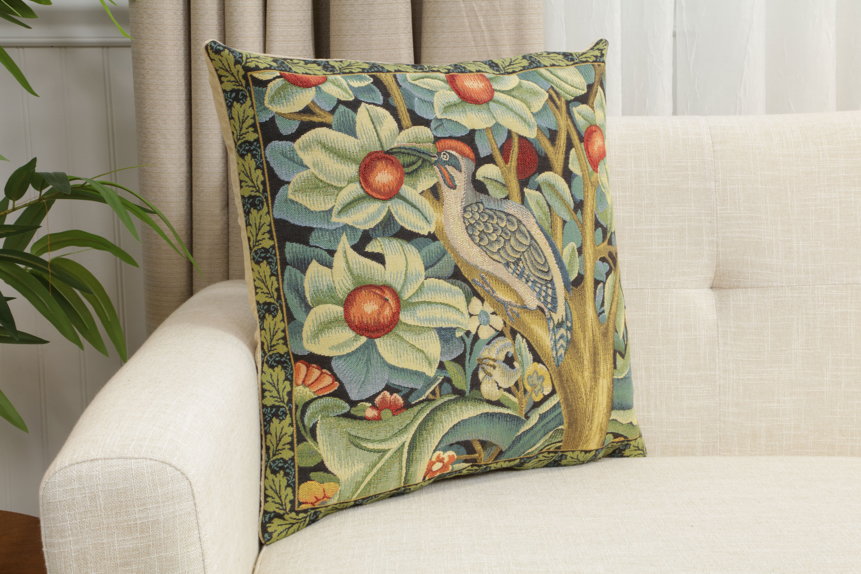 Black Woodpecker Left Belgian Tapestry Pillow Cover 18x18 inch 100% Cotton Belgian Jacquard Woven Cushion Cover
