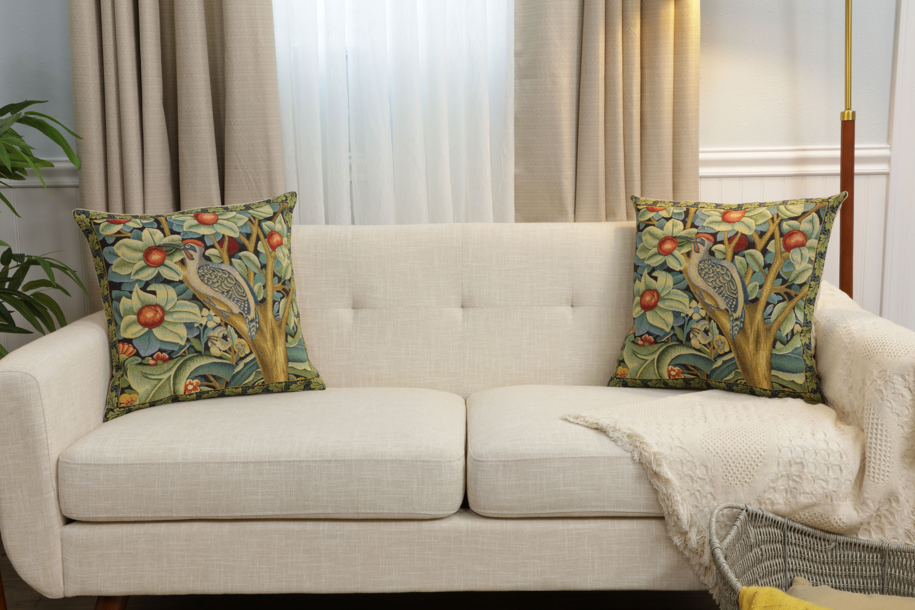 Black Woodpecker Left Belgian Tapestry Pillow Cover 18x18 inch 100% Cotton Belgian Jacquard Woven Cushion Cover