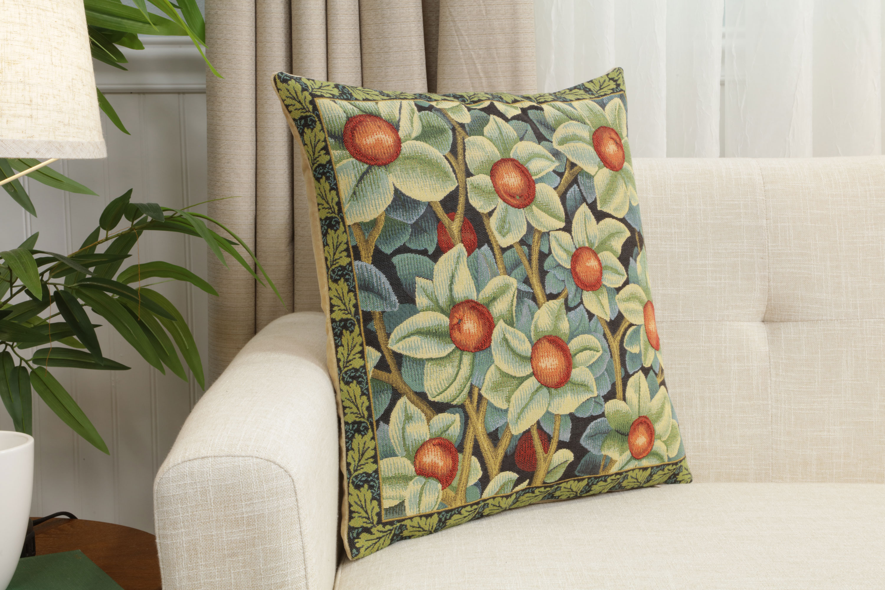 Black William Morris Belgian Tapestry Pillow Cover 18x18 inch 100% Cotton Belgian Jacquard Woven Cushion Cover