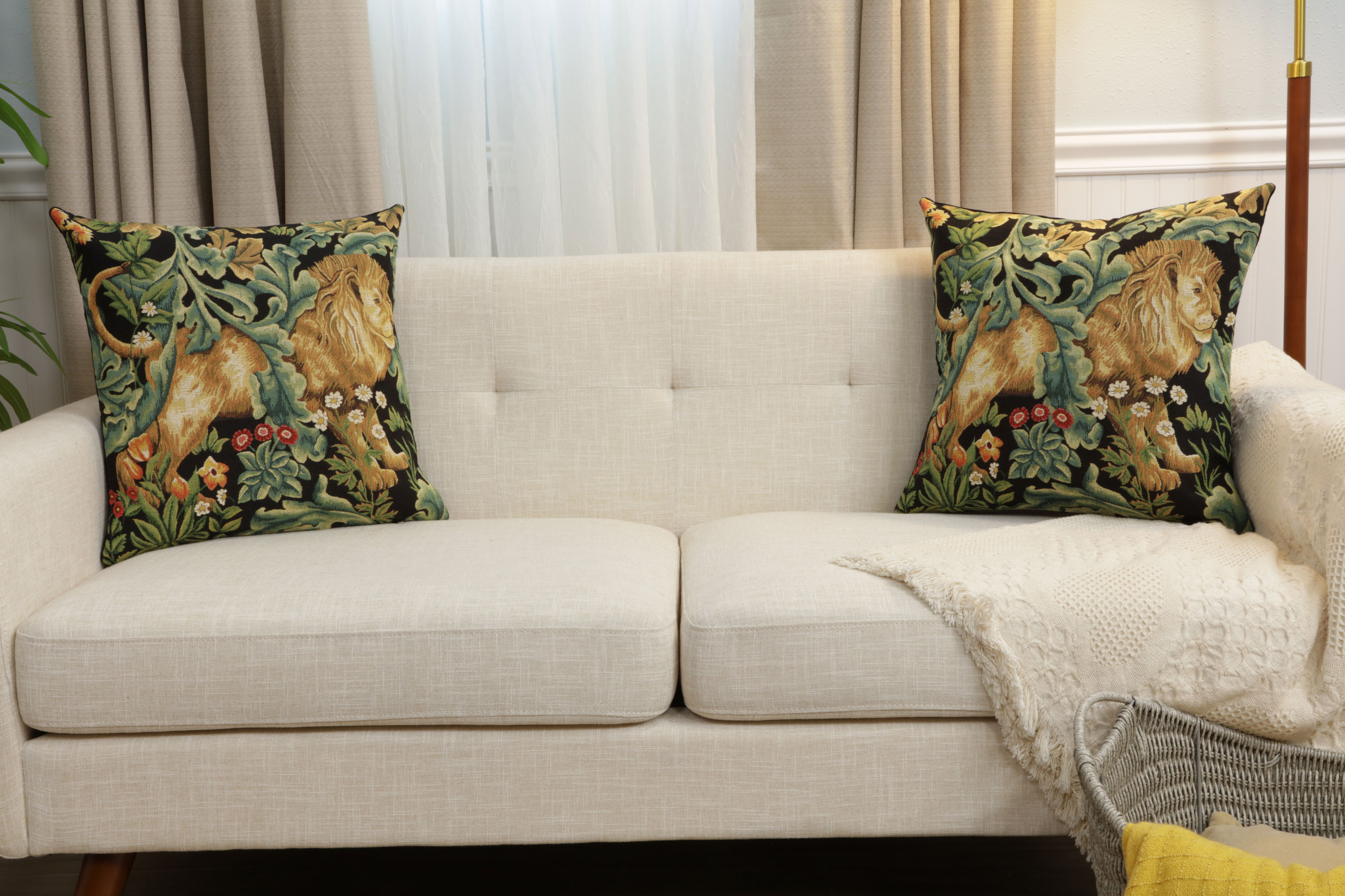 Black Lion Belgian Tapestry Pillow Cover 18x18 inch 100% Cotton Belgian Jacquard Woven Cushion Cover