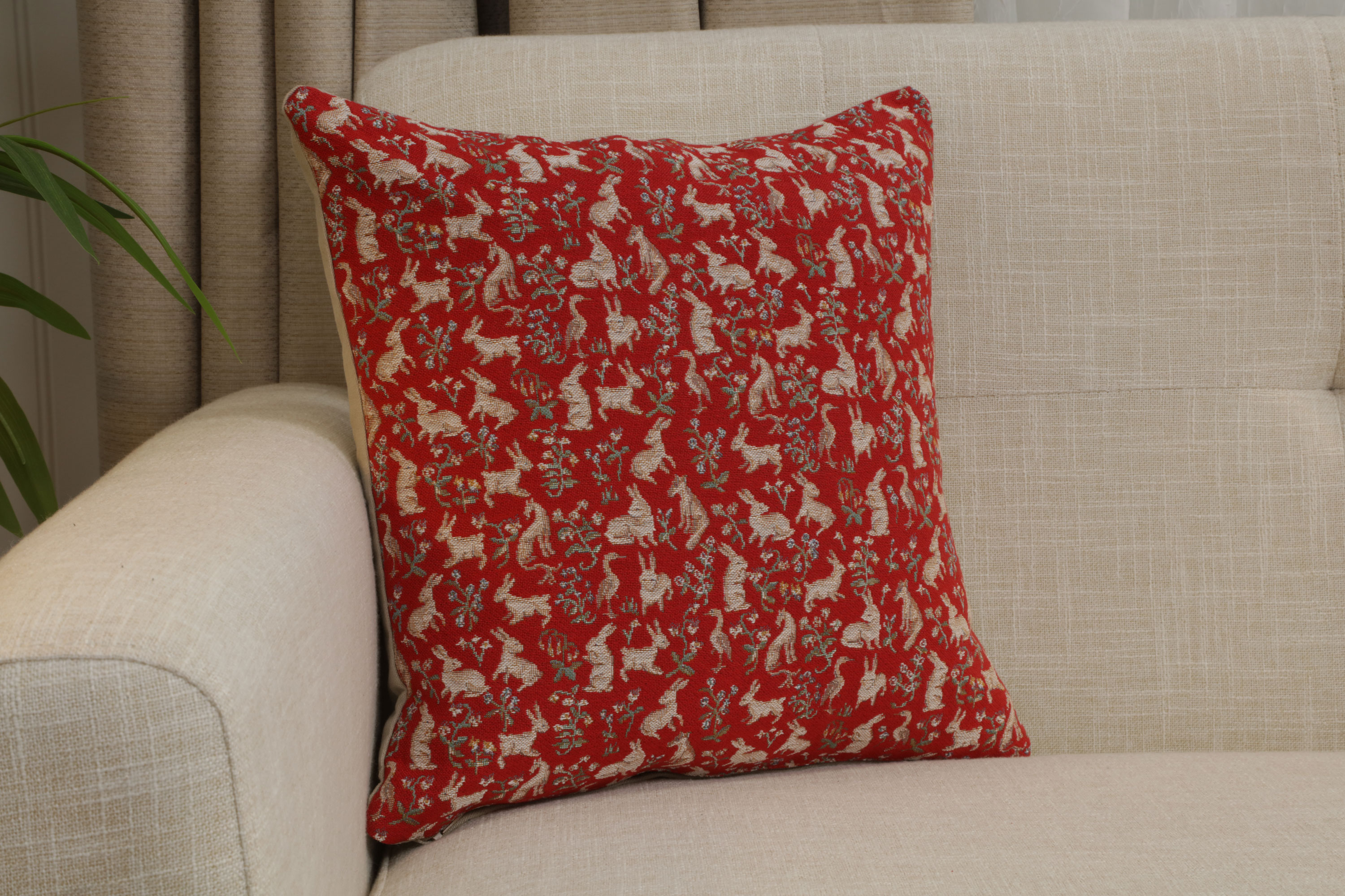 Medieval Mille Fleurs and Little Animals Red Tapestry Pillow Cover 14x14 Inch Cotton Jacquard Woven Cushion Cover