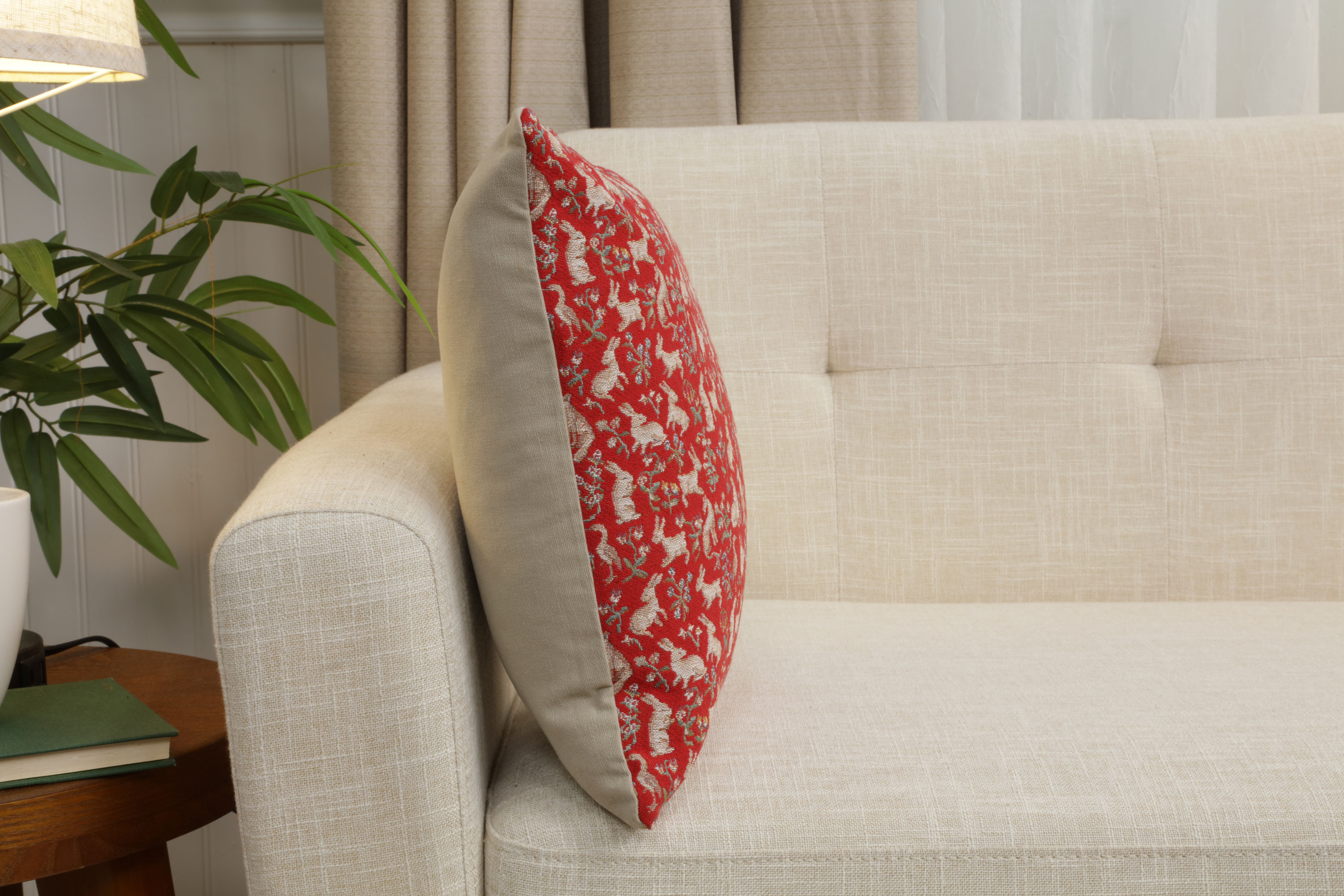 Medieval Mille Fleurs and Little Animals Red Tapestry Pillow Cover 14x14 Inch Cotton Jacquard Woven Cushion Cover