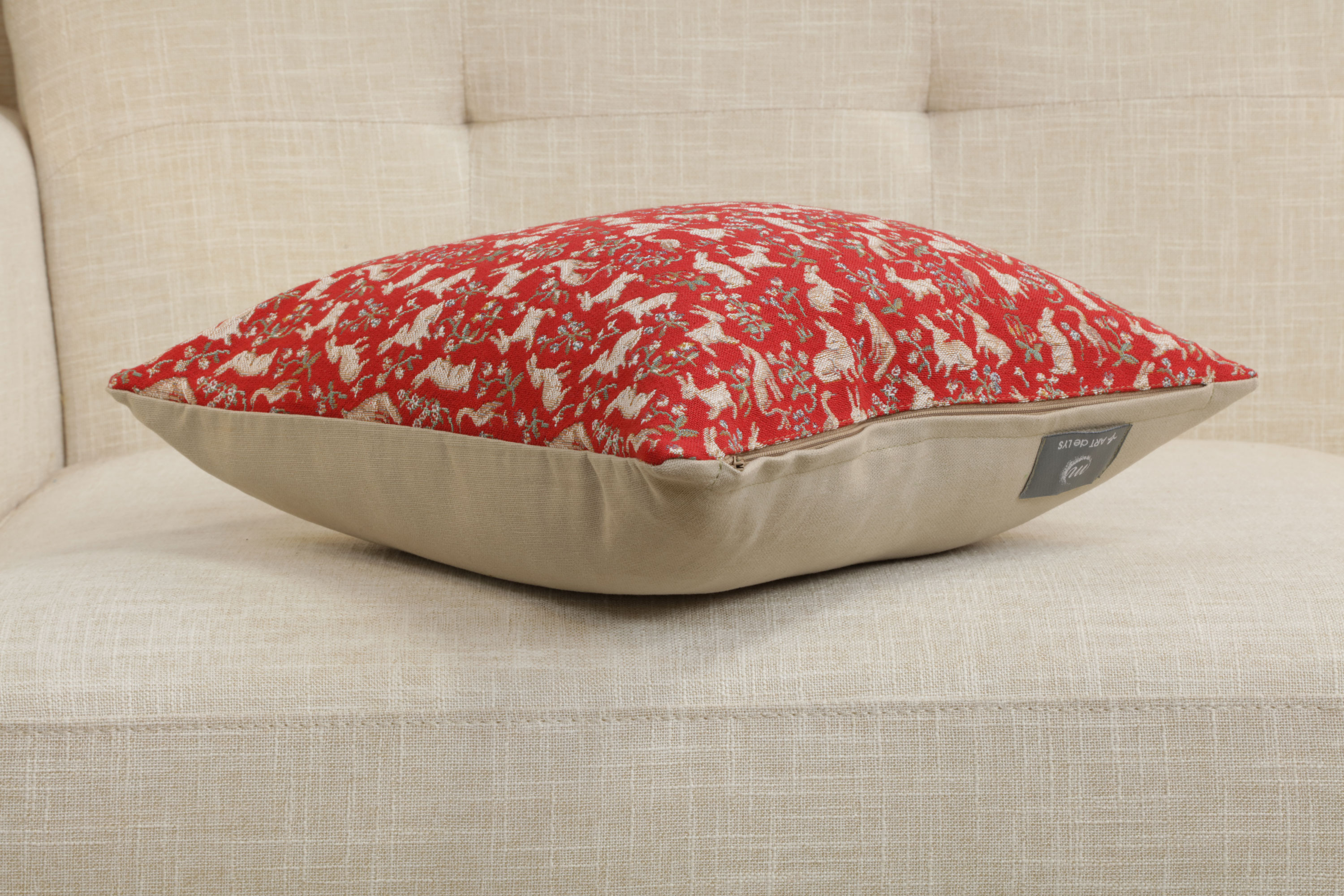 Medieval Mille Fleurs and Little Animals Red Tapestry Pillow Cover 14x14 Inch Cotton Jacquard Woven Cushion Cover
