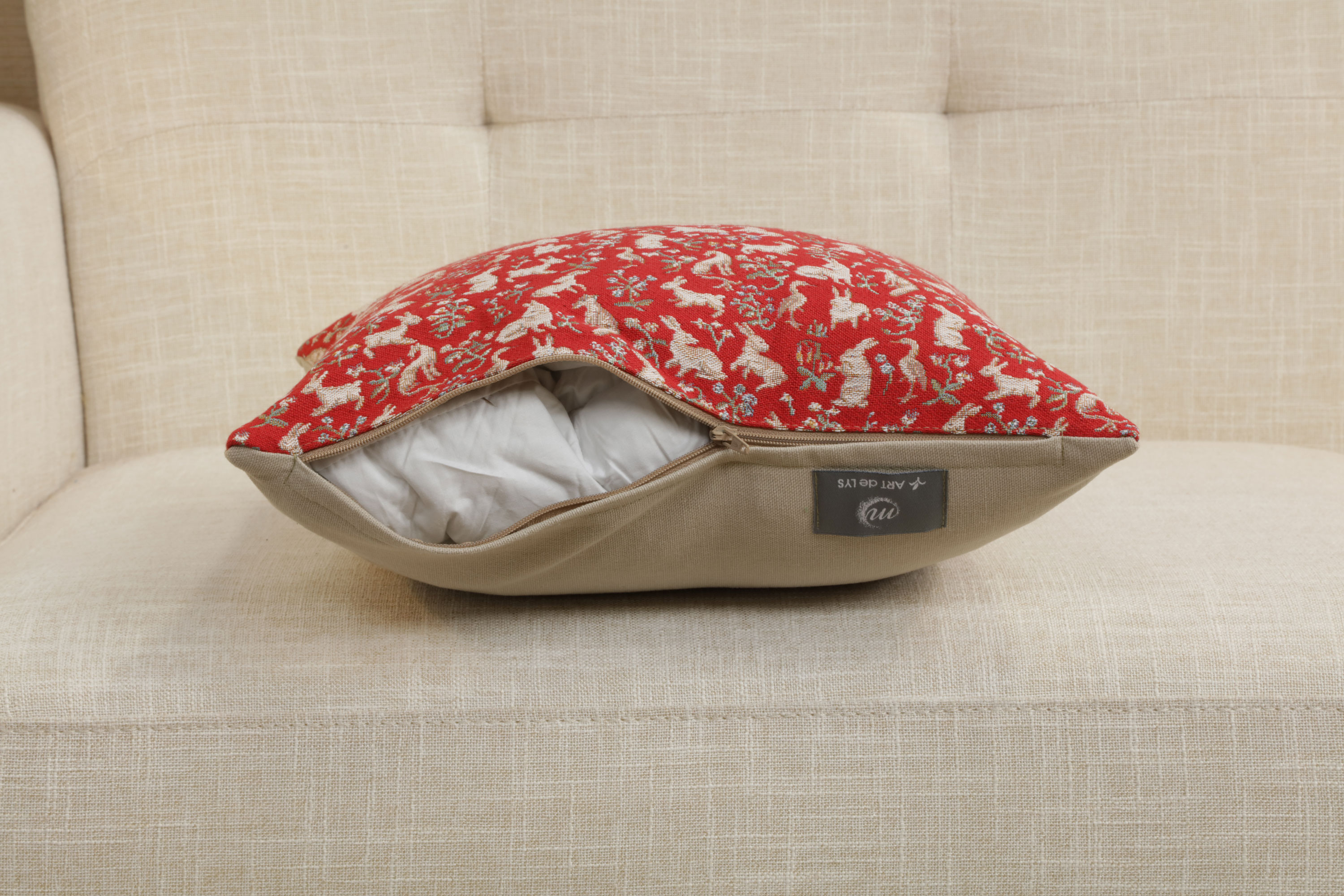 Medieval Mille Fleurs and Little Animals Red Tapestry Pillow Cover 14x14 Inch Cotton Jacquard Woven Cushion Cover