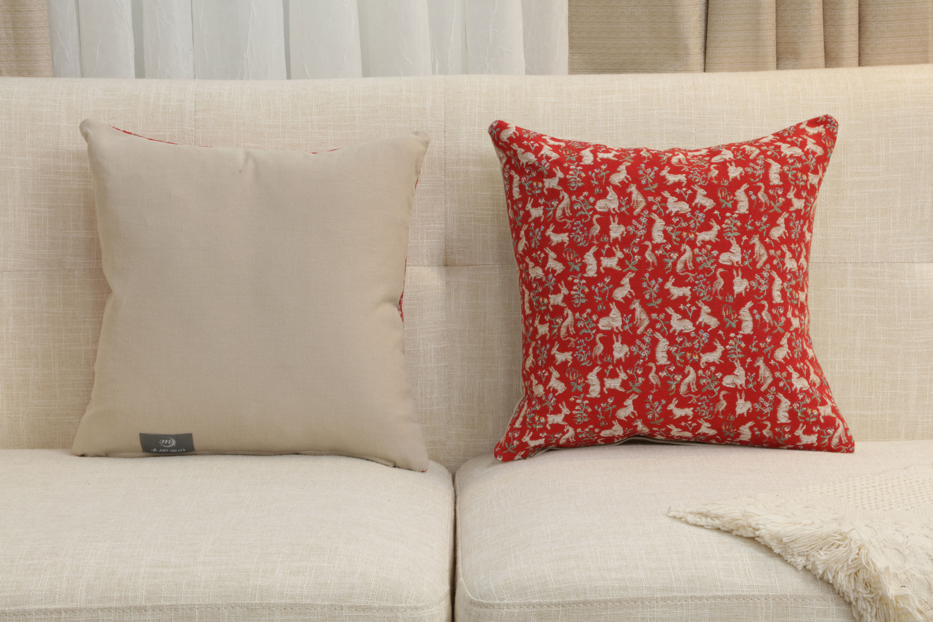 Medieval Mille Fleurs and Little Animals Red Tapestry Pillow Cover 14x14 Inch Cotton Jacquard Woven Cushion Cover