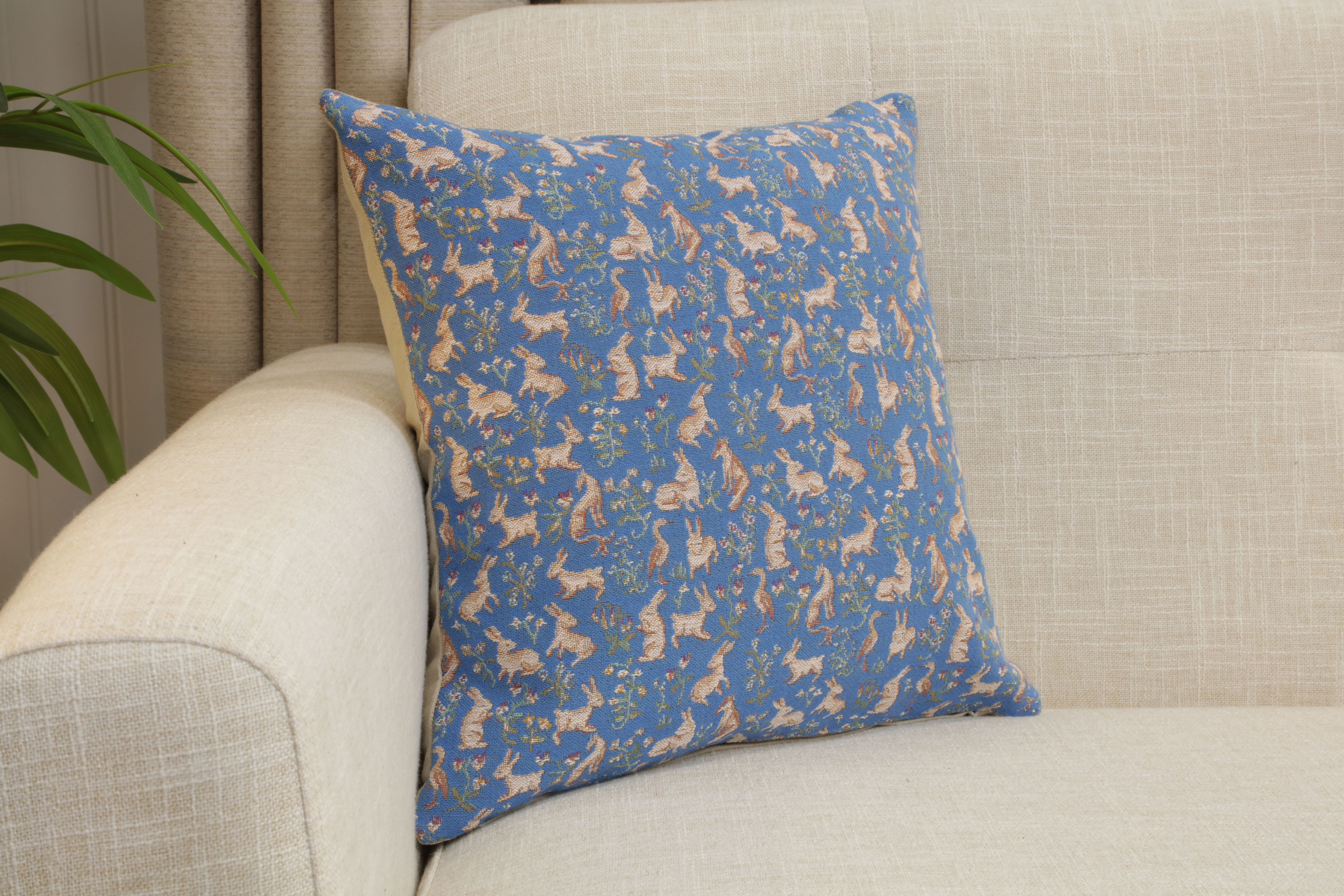 Medieval Mille Fleurs and Little Animals Blue Tapestry Pillow Cover 14x14 Inch Cotton Jacquard Woven Cushion Cover