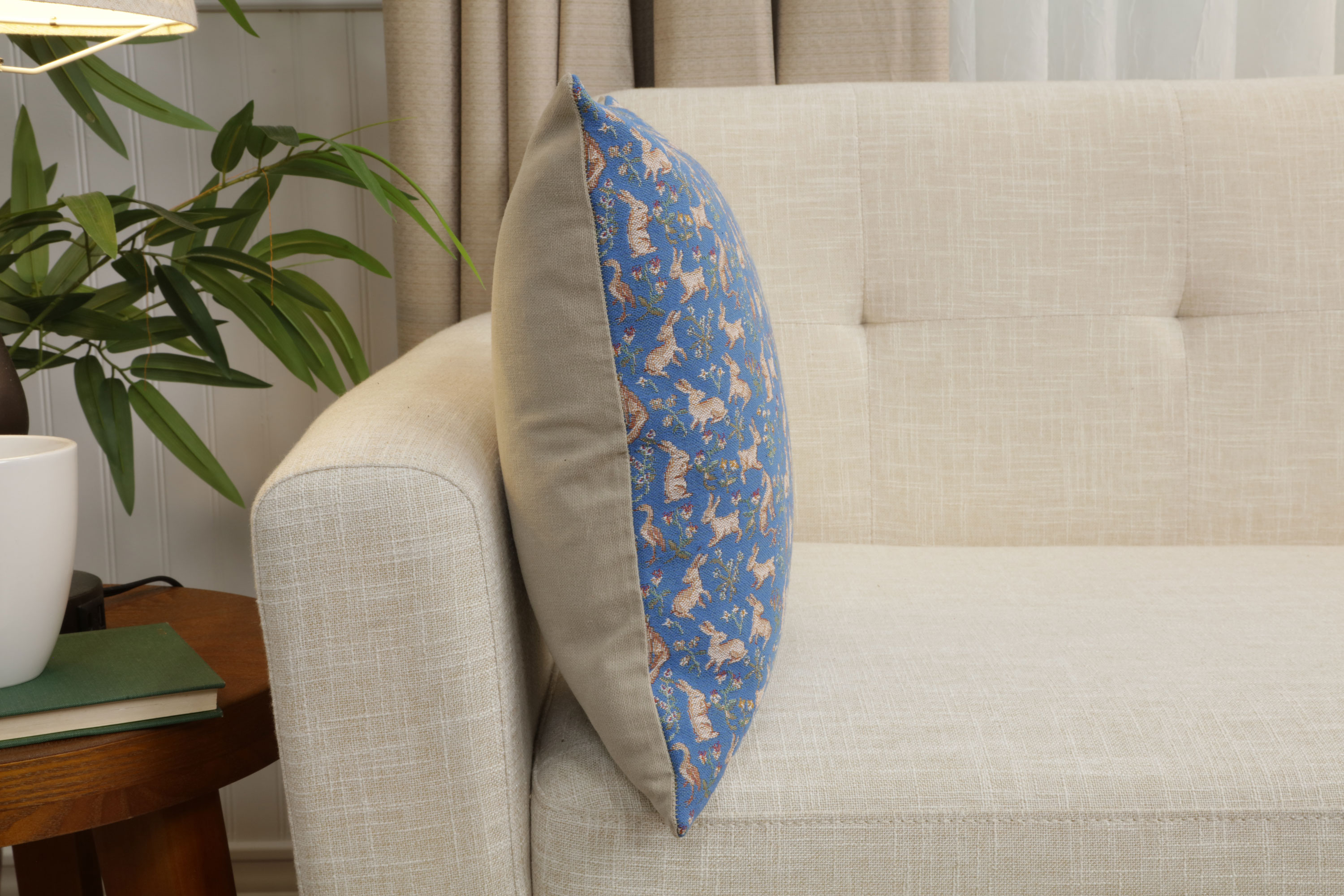Medieval Mille Fleurs and Little Animals Blue Tapestry Pillow Cover 14x14 Inch Cotton Jacquard Woven Cushion Cover