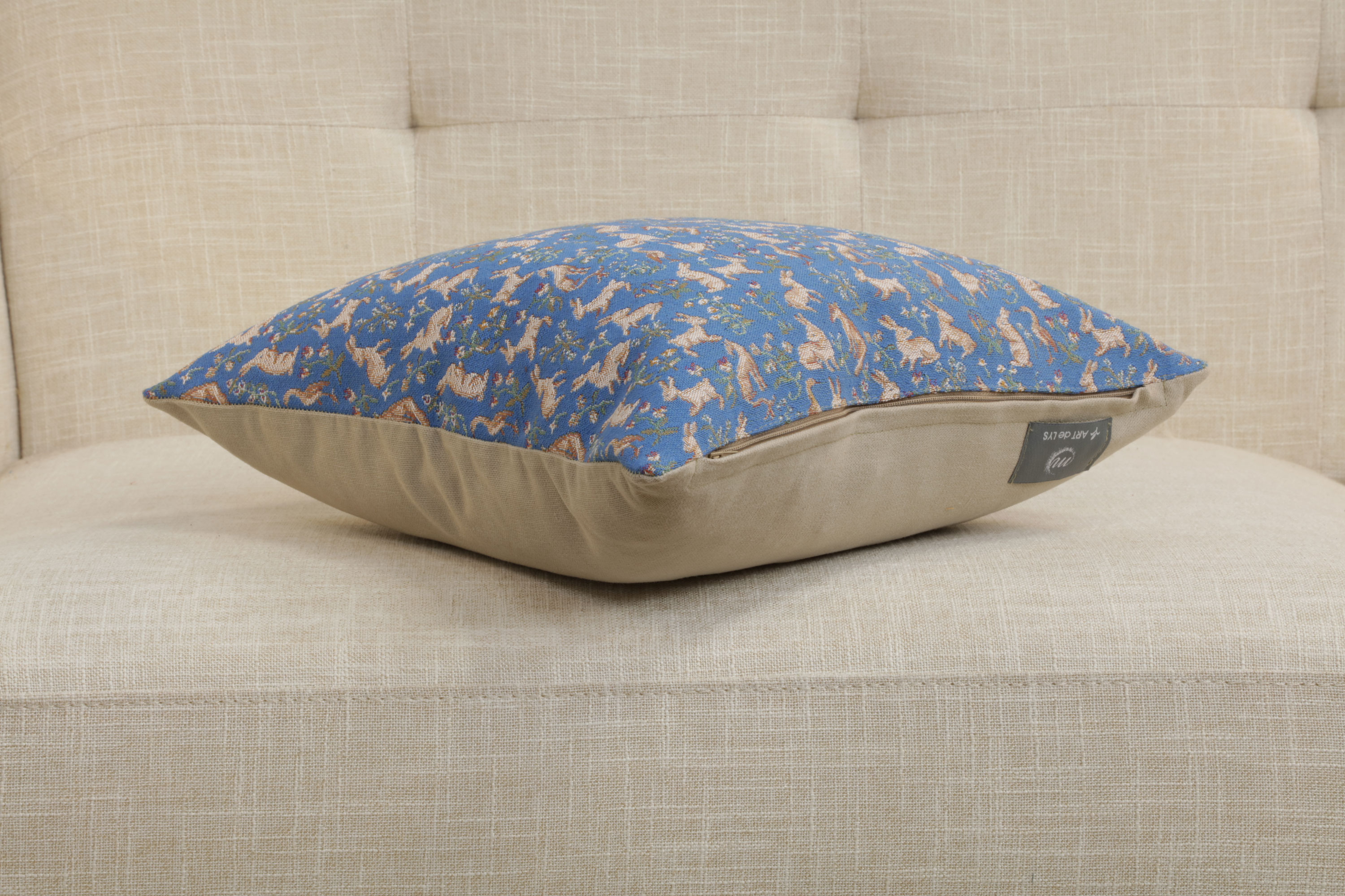 Medieval Mille Fleurs and Little Animals Blue Tapestry Pillow Cover 14x14 Inch Cotton Jacquard Woven Cushion Cover